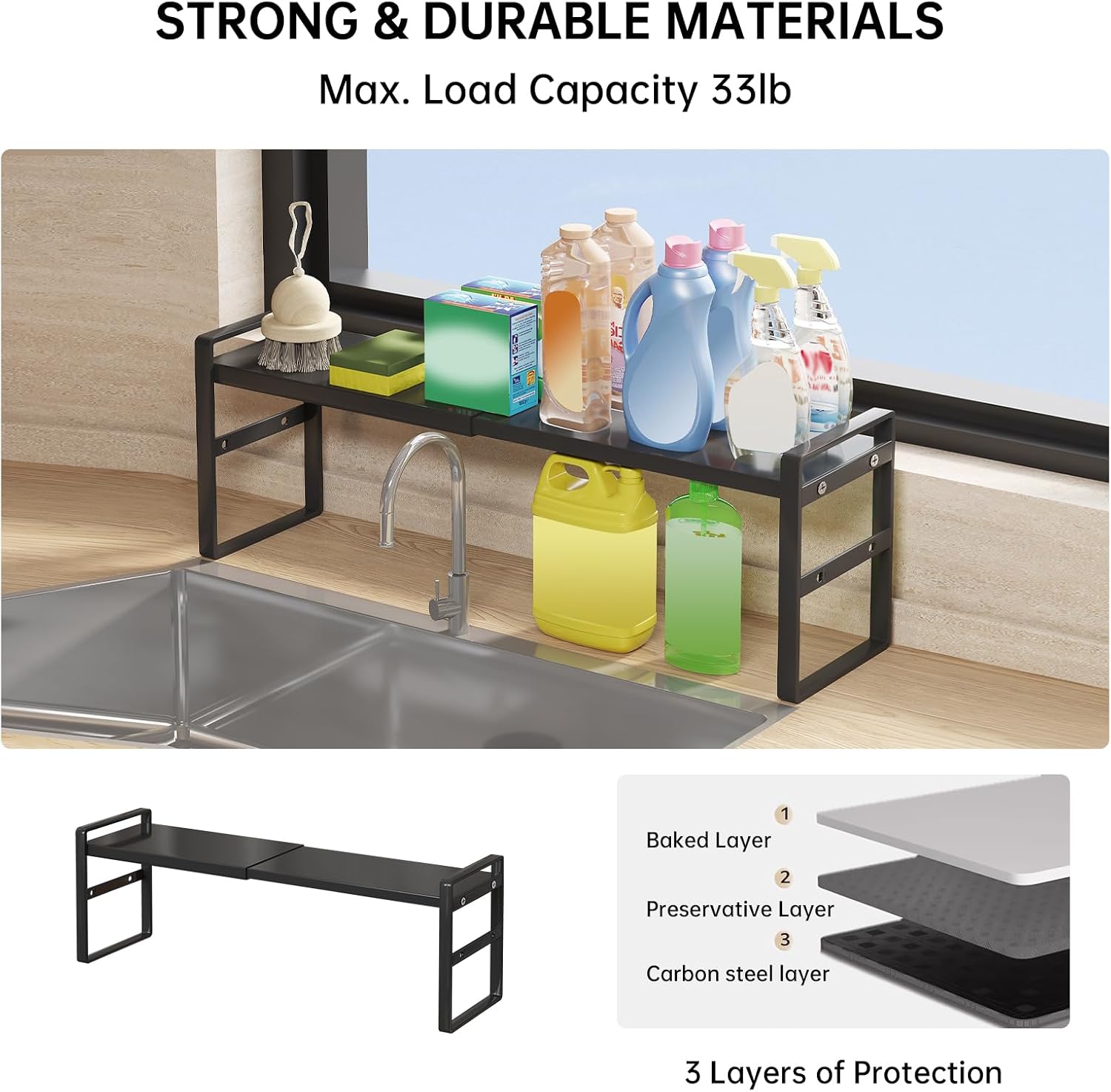 1pc Small Narrow Tall Shelf for Windowsill Kitchen Organizer Stackable Shelves Bathroom Sill Thin Shelves for Narrow Spaces Counter Top Racks (Black, L13.8-23.6'' * W5.9'' * H7.2'')