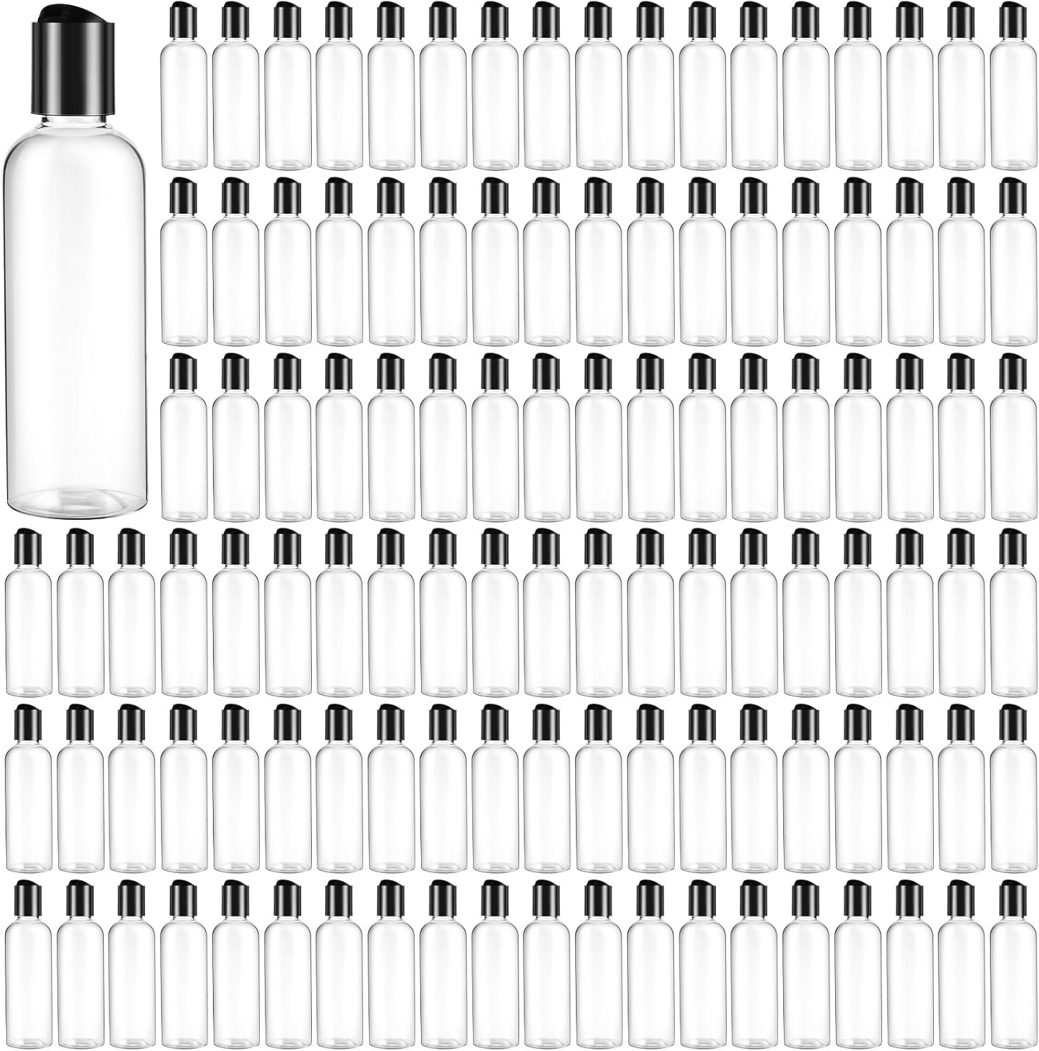 Roshtia 100 Pack 3.4 oz Travel Bottles for Toiletries, Clear Refillable Plastic Bottles with Disc Top Flip Cap, Leak Proof Empty Containers for Lotion, Shampoo, Essential Oil, Bulk Travel Size(Black)