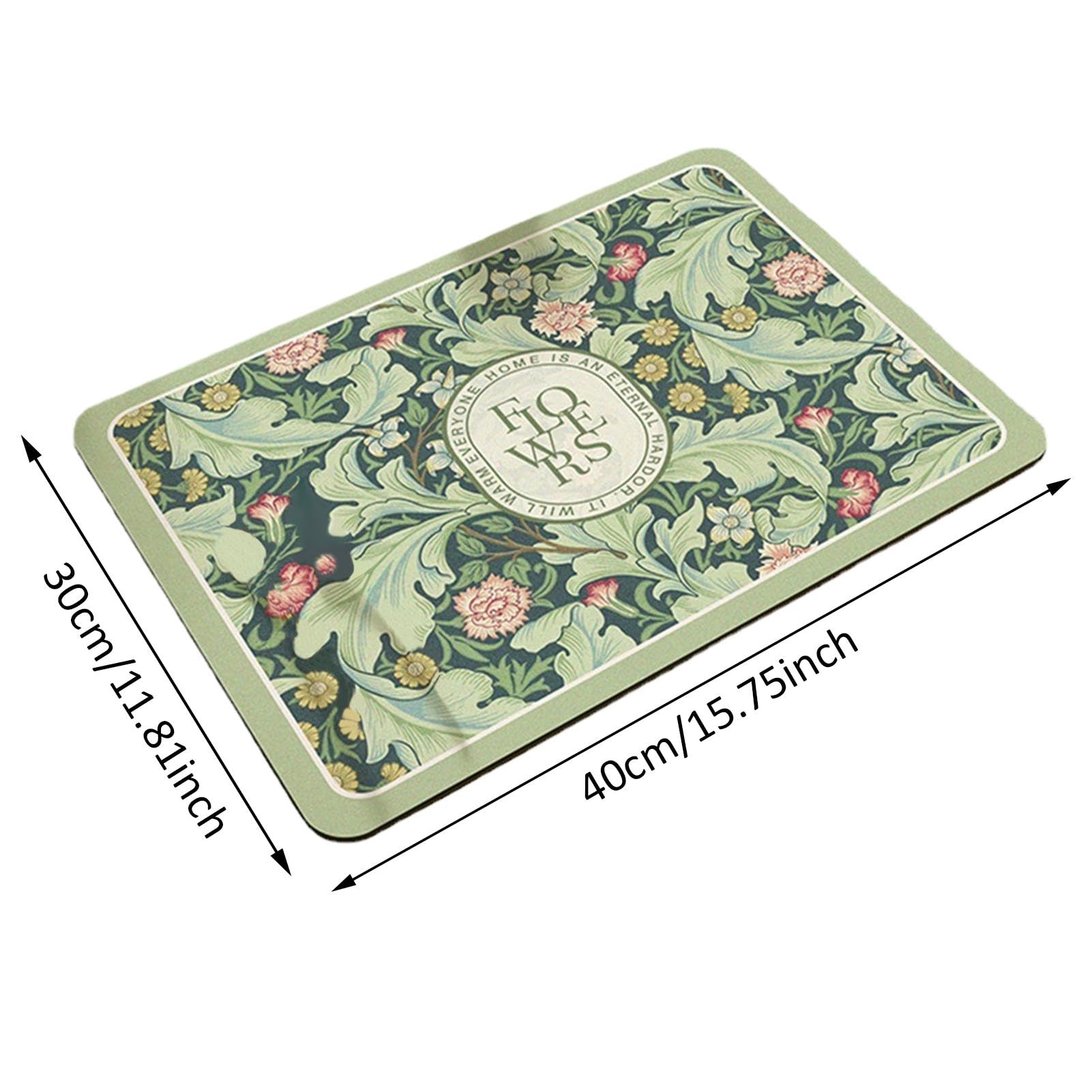 Tapis D'évier En Terre De Diatomée - Antidérapant, Absorbant - Design Floral Vintage - Dimensions 38 X 13,8 Cm