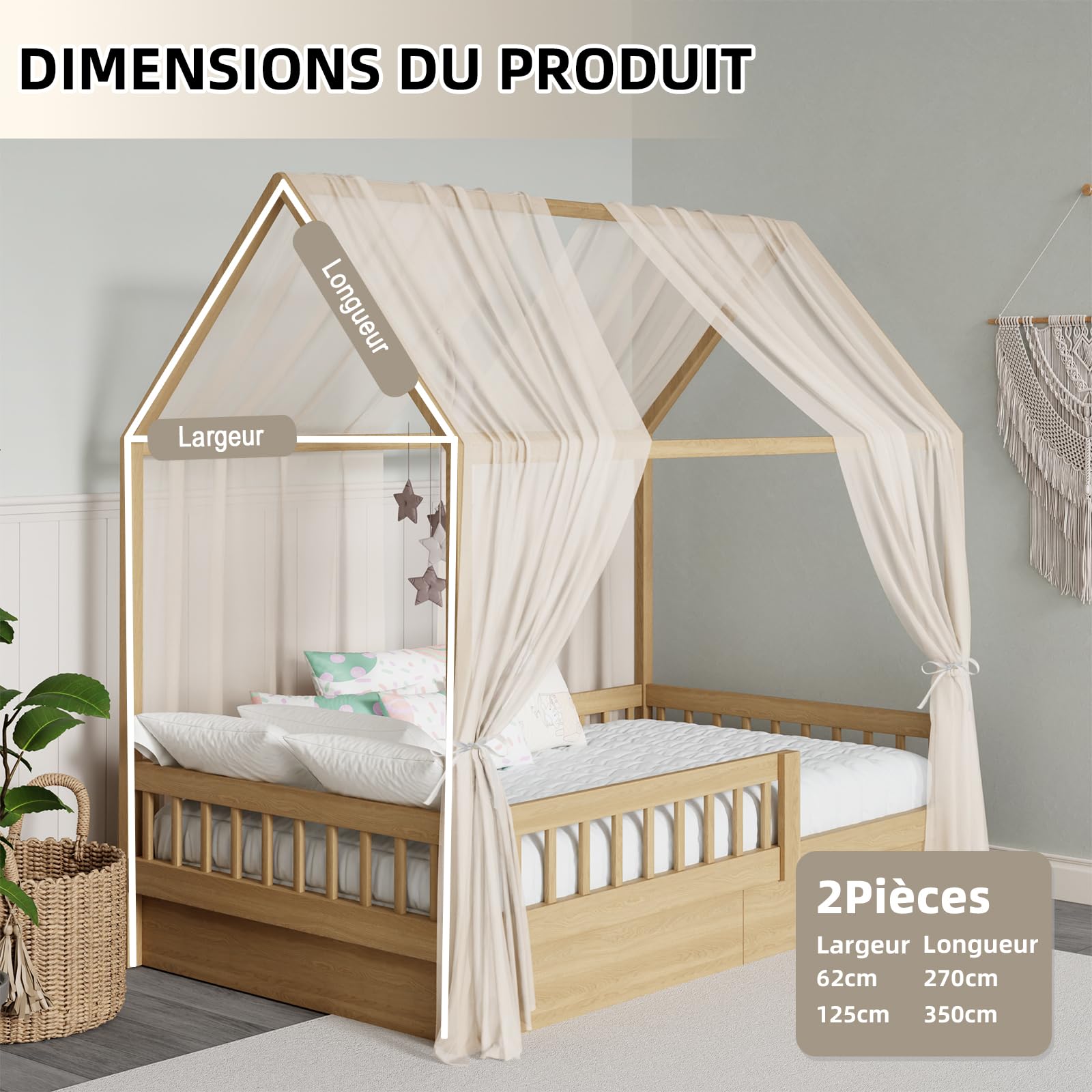 GFCC Ciel de Lit Cabane pour Maison Lot de 2 Pièces Décoration Voile Lit Cabane Beige pour Chambre d'enfant,Rideau Voilage 150x350cm pour Fille Garçon