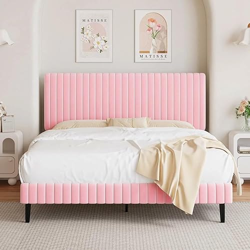Miniatura 20 de BarnFurin Base de cama tamaño Queen con cabecera ajustable, plataforma tapizada de terciopelo con diseño capitoné de canal vertical, no requiere