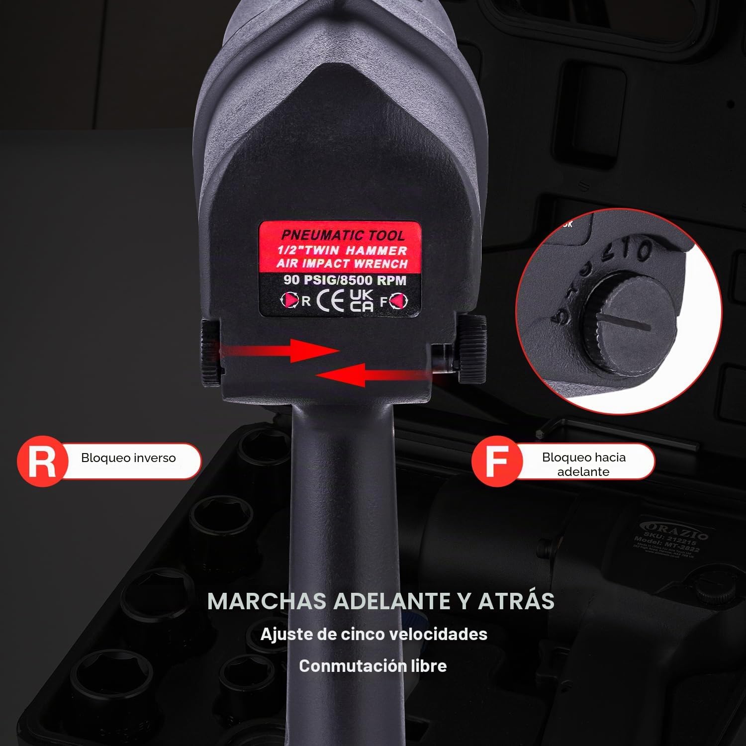 ORAZIO Juego de Llave de Impacto Neumática 1/2" 720 N.M con 8 Vasos de 12-24 mm Profesional Pistola Impacto Neumatica para Garaje Coche Camión de Pernos Rueda Instalación Extracción