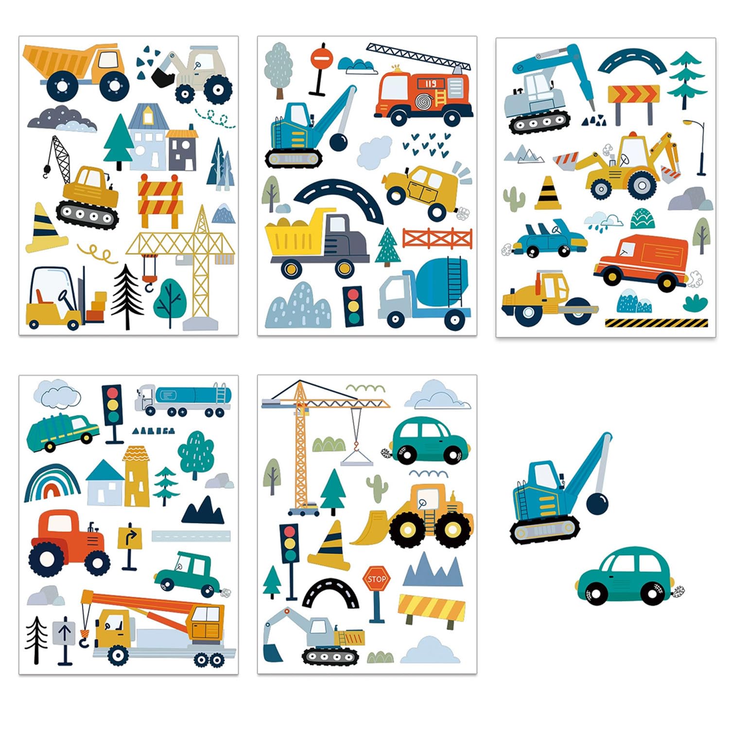 5 Sheets Car Wall Stickers, Small Kids Wall Transportation Decals PVC Tractor Digger Vehicles Walls Stickers, Removable Walls Decor Construction Boys Bedroom Accessories for Playroom Nursery Toddlers