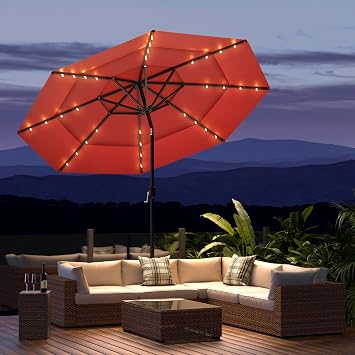 11FT 3 Tiers Patio Umbrella for Outside, Outdoor Umbrella with Solar LED Lights, Market Patio Table Umbrella with 8 Sturdy Ribs, Pool Umbrella for Garden, Pool, Backyard, Burgundy