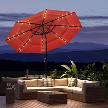 11FT 3 Tiers Patio Umbrella for Outside, Outdoor Umbrella with Solar LED Lights, Market Patio Table Umbrella with 8 Sturdy Ribs, Pool Umbrella for Garden, Pool, Backyard, Burgundy