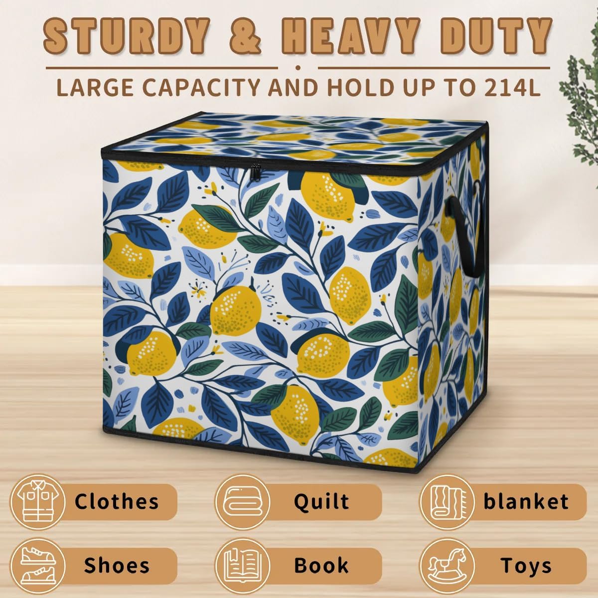 Honeybaby 214L Extra Large Comforter Storage Bag Summer Lemon Leaves Storage Totes with Lids Waterproof Closet Organizer Folding Blanket Storage Bags for Clothes Bedding Pillows
