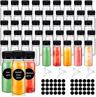 tchrules 48 Pcs 2oz Plastic Ginger Shots Bottles, Juice Shot Bottles with Caps for Ginger, Vanilla Extract, Cinnamon, Honey, Cayenne, Wellness Shot, Hot Sauce (48pcs, 2oz)