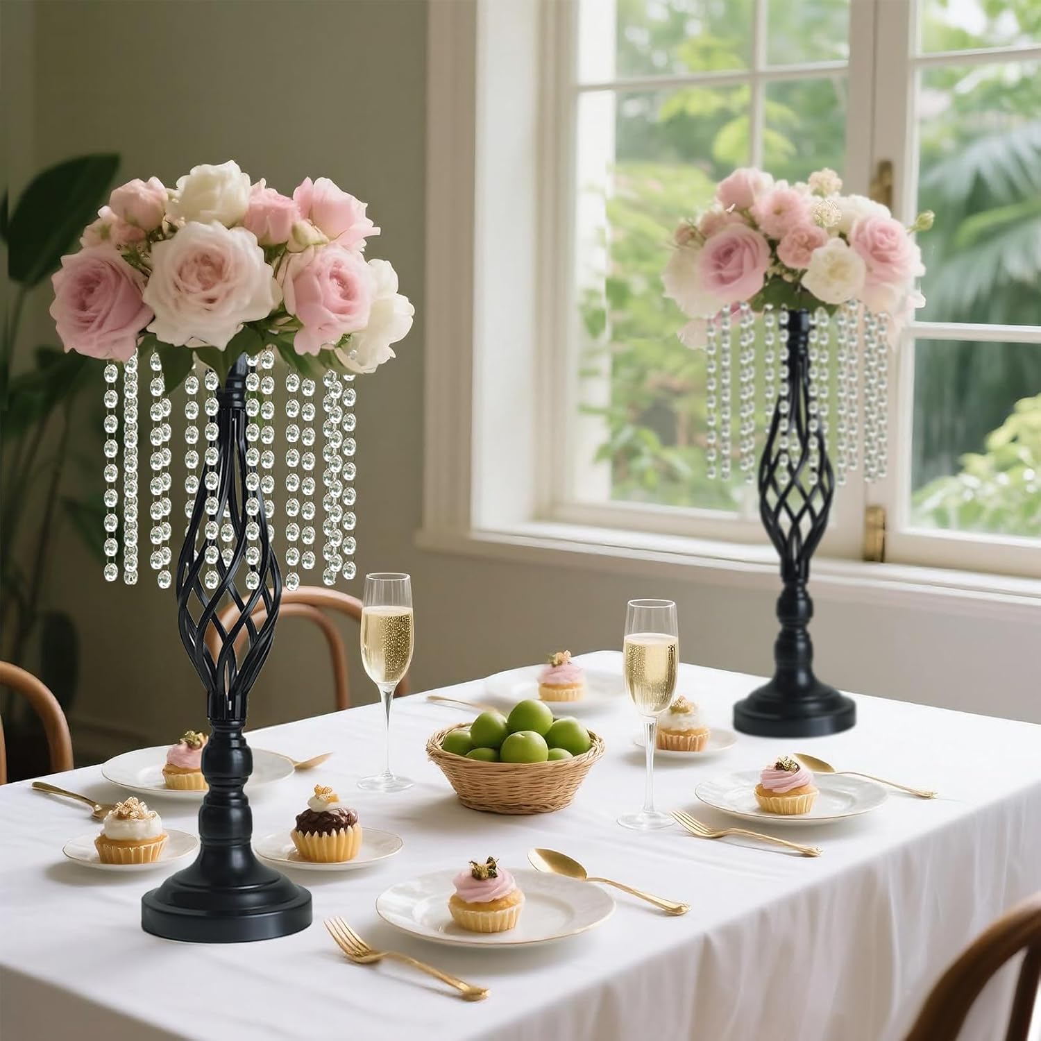 2 pcs Black Metal Crystal Pendant Flower Stand, 19" Wedding Tall Vase, Metal Hollow for Wedding Banquet Event Anniversary Celebration Decoration