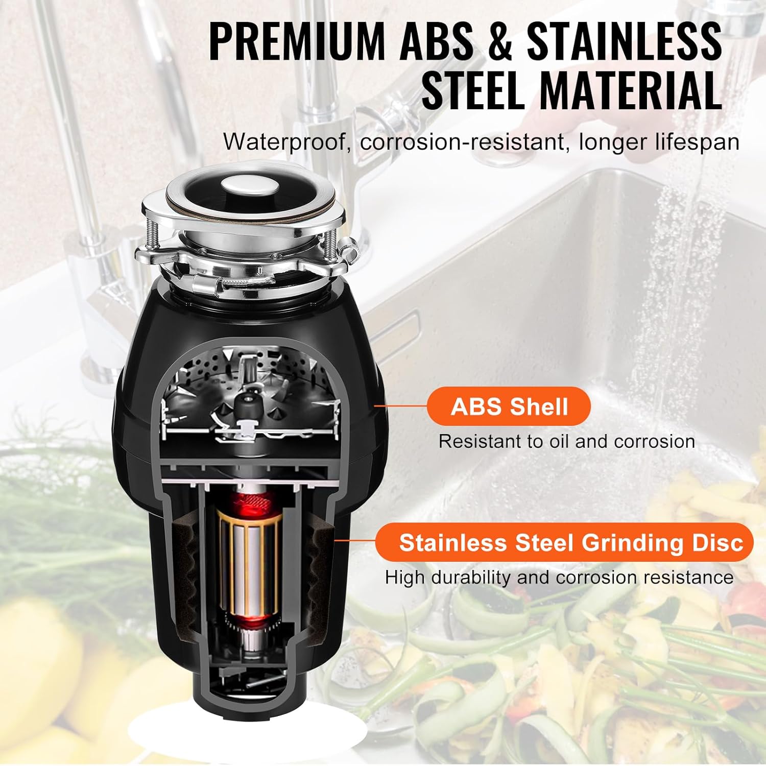 Cutaway view of VEVOR JWM-331 Garbage Disposer showing ABS shell and stainless steel grinding disc