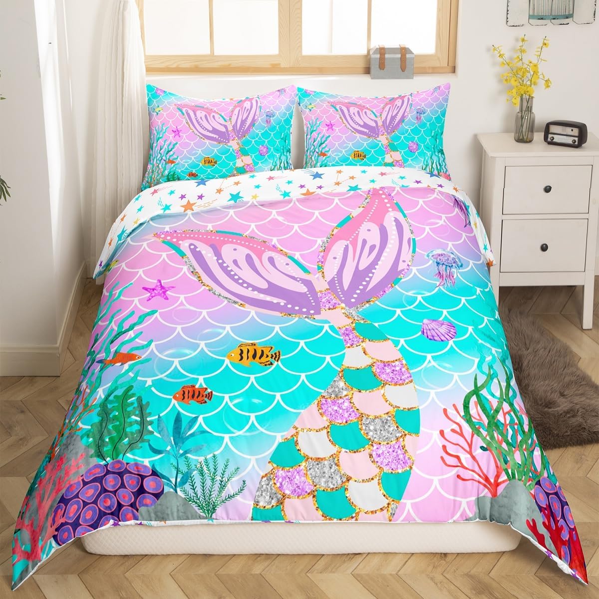Mermaid Tail Duvet Cover Kawaii Bedding Set Mermaid Gifts for Girls,Kids Fish Scales Comforter Cover Twin,Girly Rainbow Ocean Sea Animal Bed Sets Gradient Purple Teal Pastel Pink Cute Room Decor