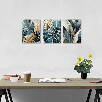 Abstract Set of 3 Wall Art Gold Wall Decor Botanical Prints Boho Wall Art Teal Green Leaf Pictures Turquoise Tropical Leaves Plants Paintings Modern Living Room Bathroom Home Decorations 30x40cm