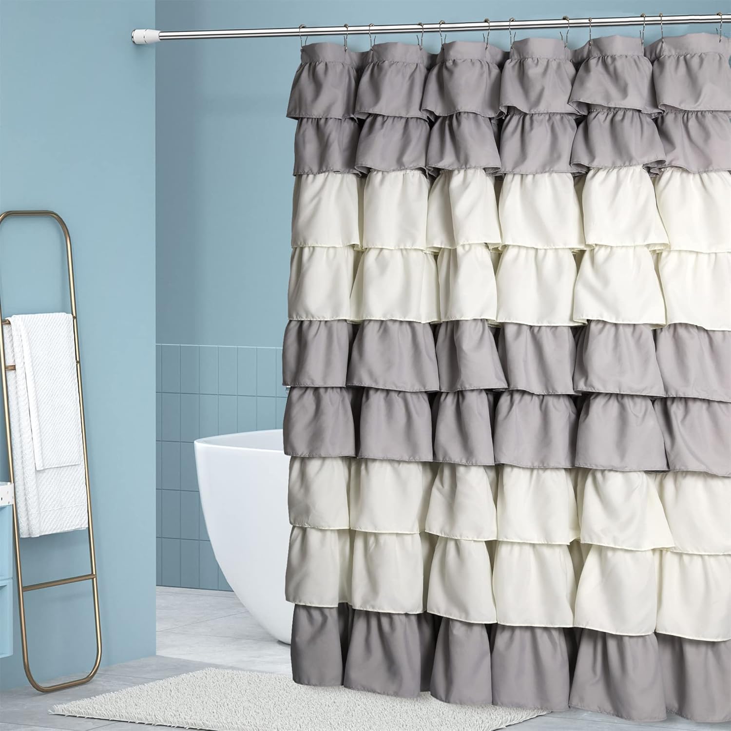 Handmade Ruffle Shower Curtain Shabby Chic Shower Curtain for Bathroom Soft Cloth Microfiber Bath Curtain, Grey 72x72 Inch