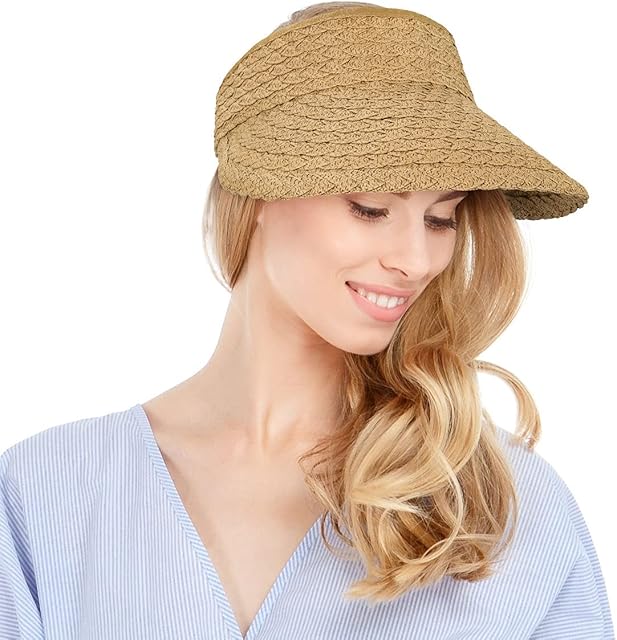 Sun Visor Hat, Rollable Ladies Wide Brim Straw Foldable Summer Topless Sunhats for Womens Adjustable Beach Cap