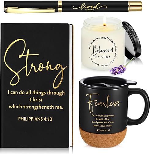 Hushee 4 unidades, regalos cristianos para hombres, taza de café religiosa, diario de oración, vela perfumada, bolígrafo inspirador de la Biblia,