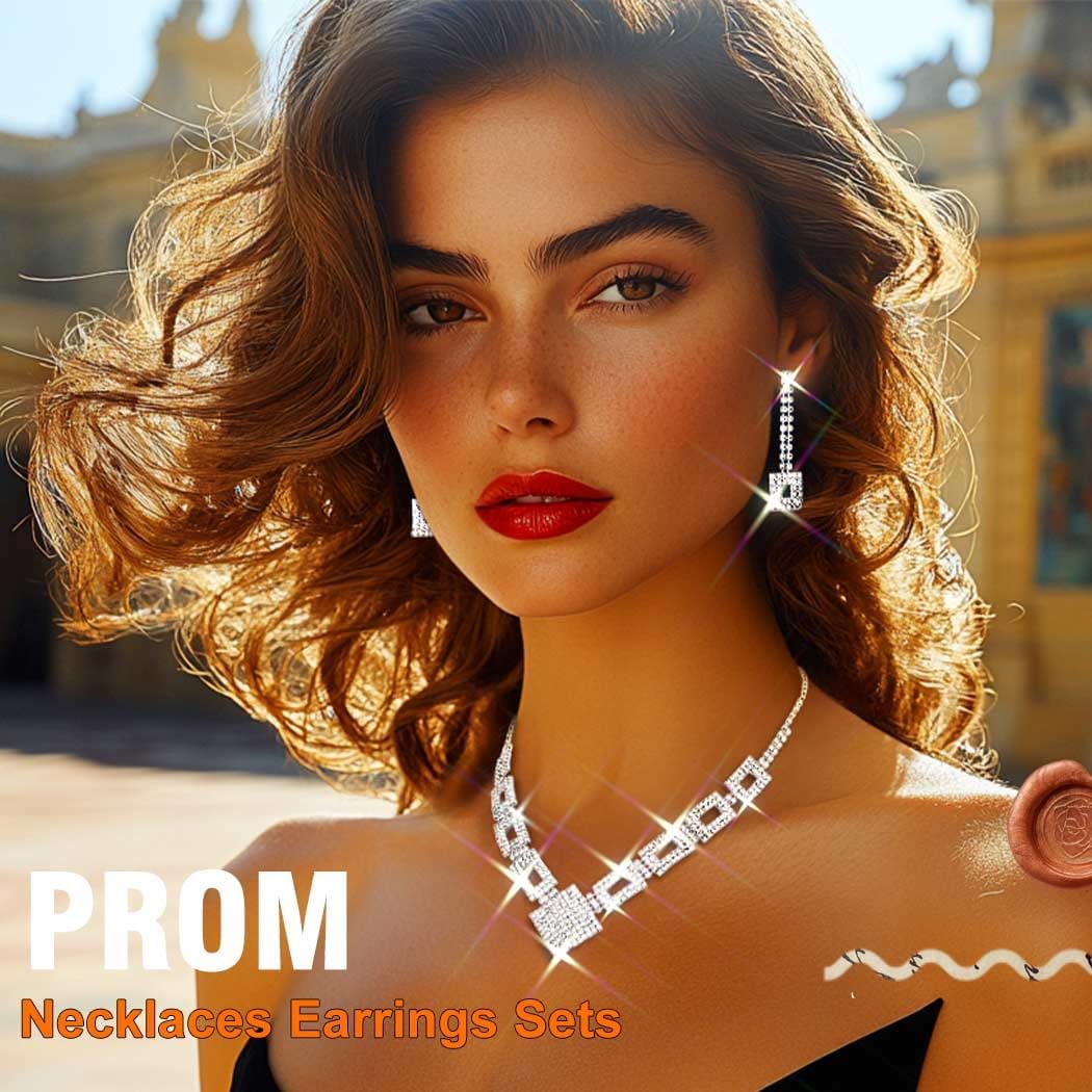 JEWEKY Bridal Jewelry Set Wedding Silver Rhinestone Necklace Earrings Sets Formal Costume Jewelry for Women - Image 5