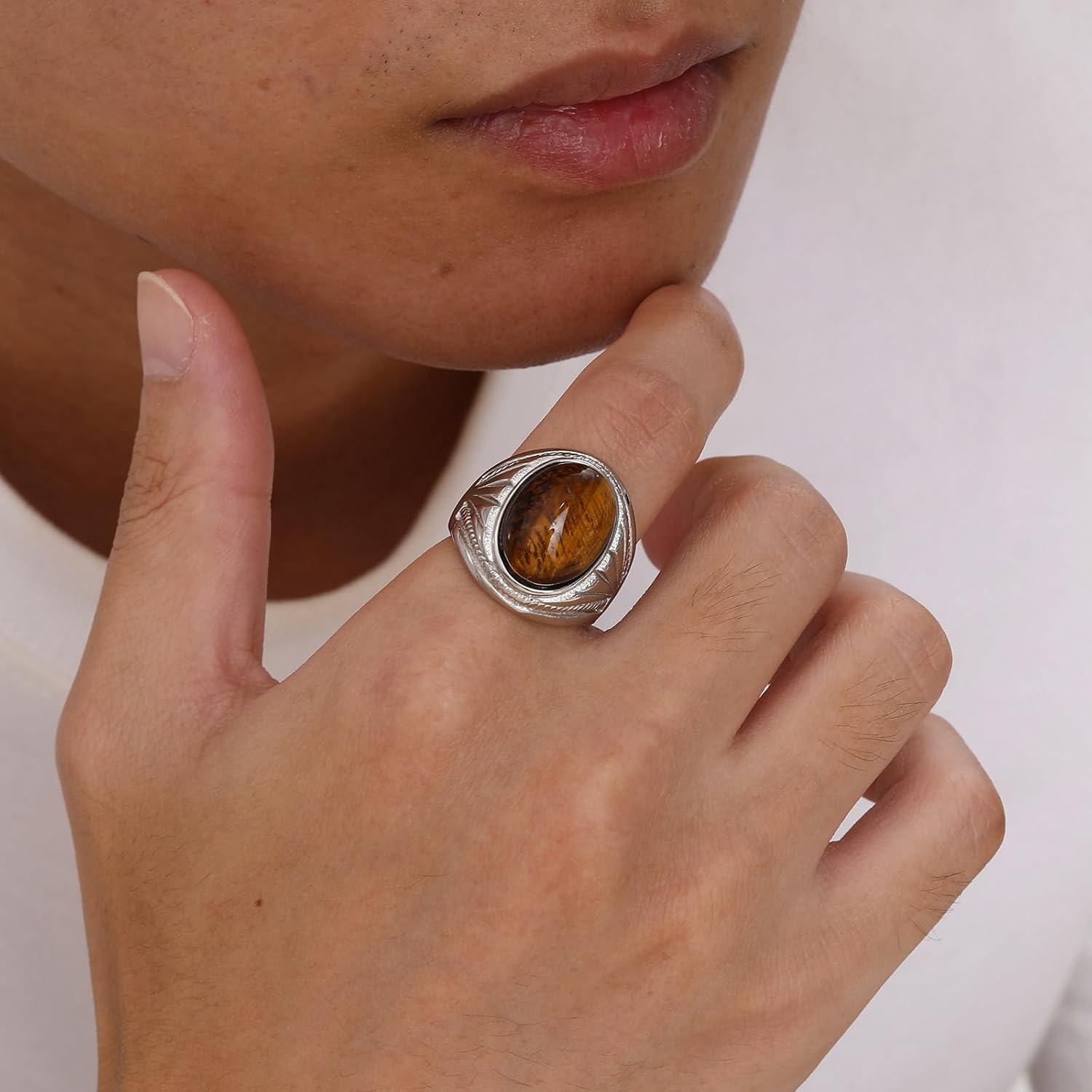 Men's Tiger Eye Oval Signet Ring, Nature Stone Stainless Steel Thumb Rings for Men Jewelry Gift for Him, Size 7-13 - Image 2