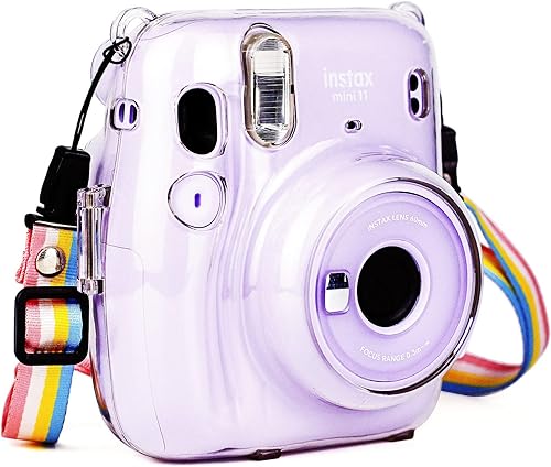 Funda transparente para cámara instantánea Fujifilm Instax Mini 11, cubierta protectora de PVC duro con correa de hombro extraíble arcoíris y 20