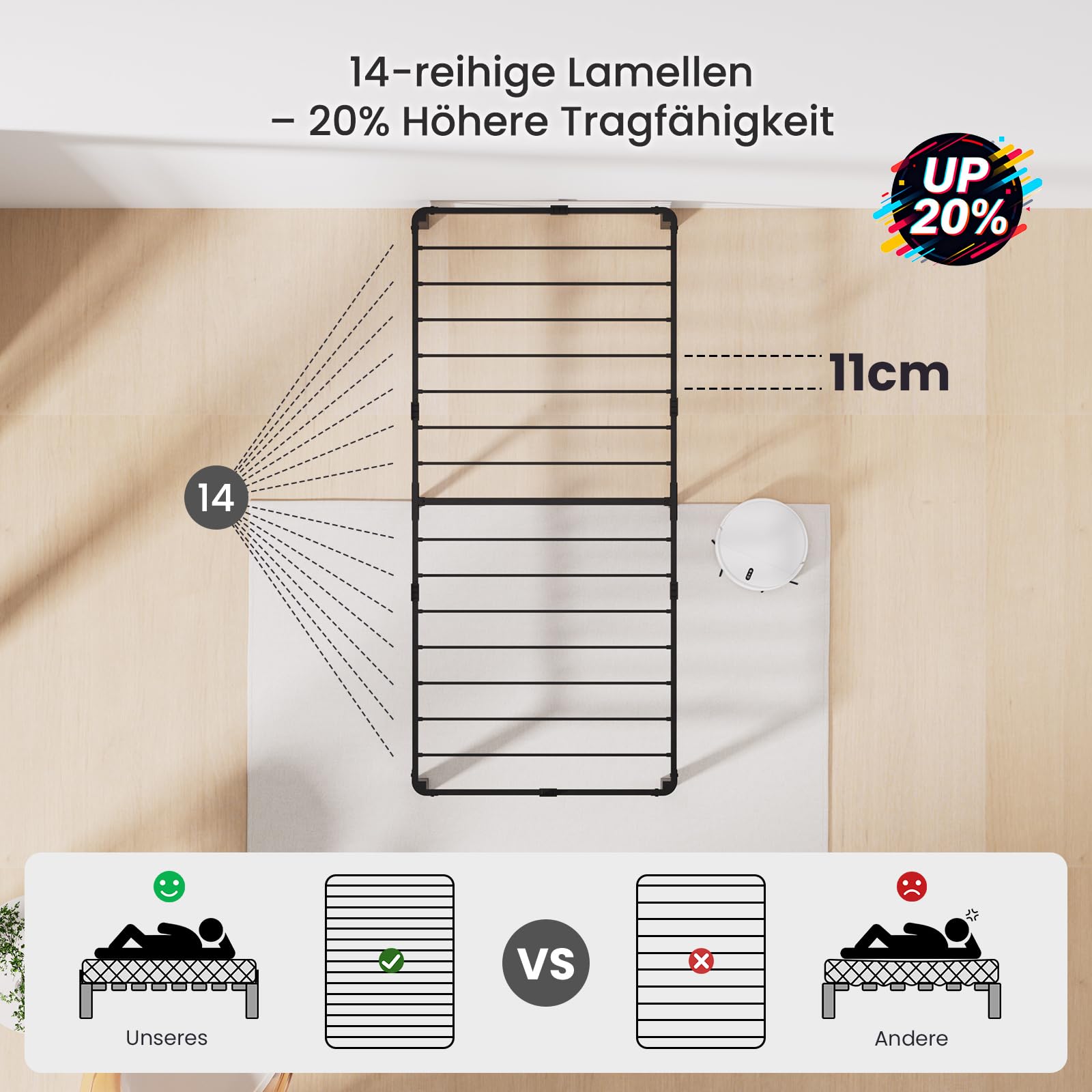 KUTAS Einzelbettgestell, 90 x 200 cm, Höhe 36 cm mit Stauraum unter dem Bett, 14 Reihen Metalllamellen Bett, Kein Boxspringbett Erforderlich, Einfach zu Montieren, Geräuschlos, Modern, Schwarz