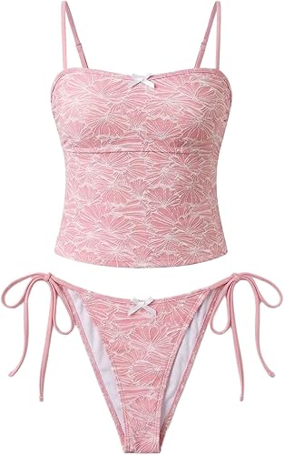 seamoly Women's Tankini Sets Sexy Open Back Two Piece Swimsuit High Cut Side Tie Thong Bathing Suit Floral Gingham Bikini