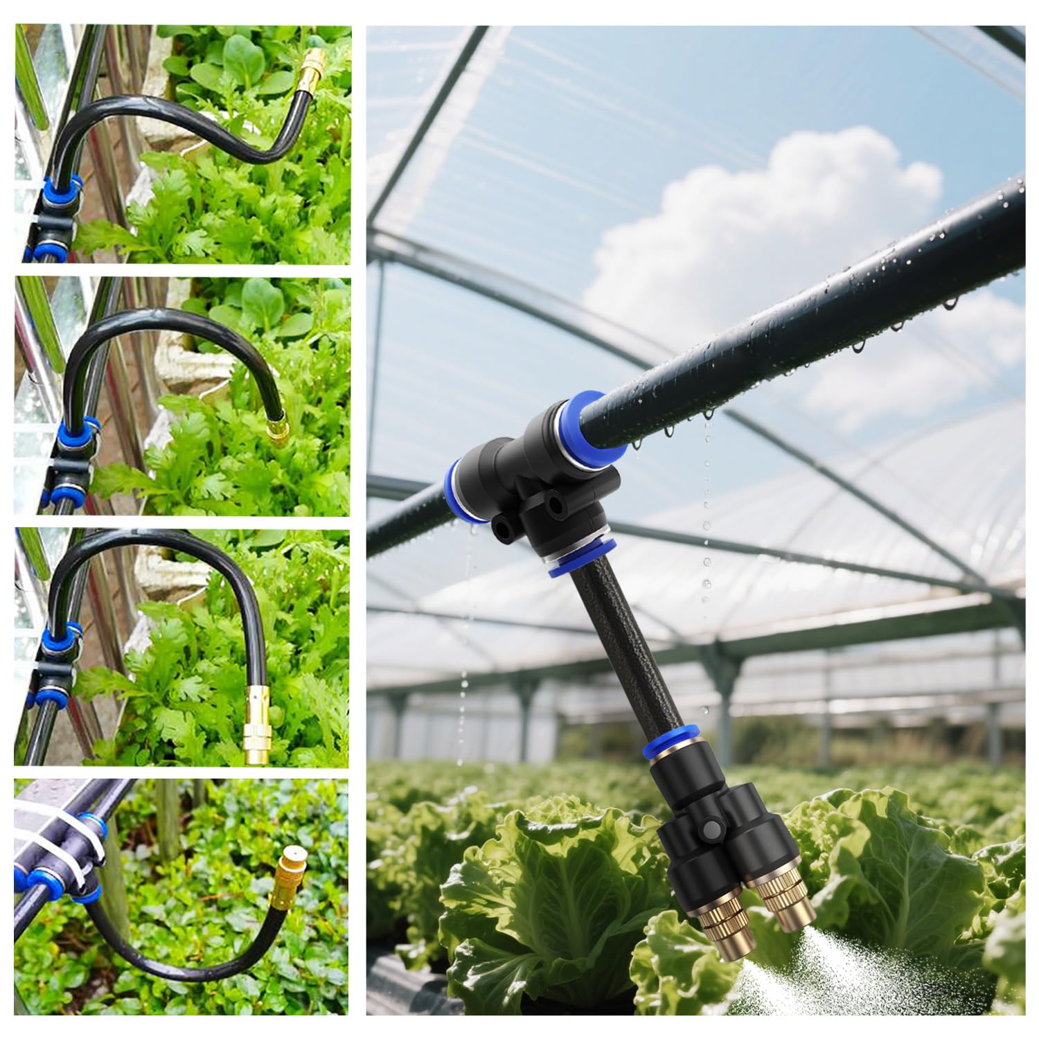 CESFONJER Kit De Boquilla Atomizadora De Doble Cabezal Tipo Y De Latón, Cabezales De Goteo De Riego Ajustables 360°, Con Adaptador De Conexión Rápida De 8 mm Para Riego De Césped, Terraza Y Jardín