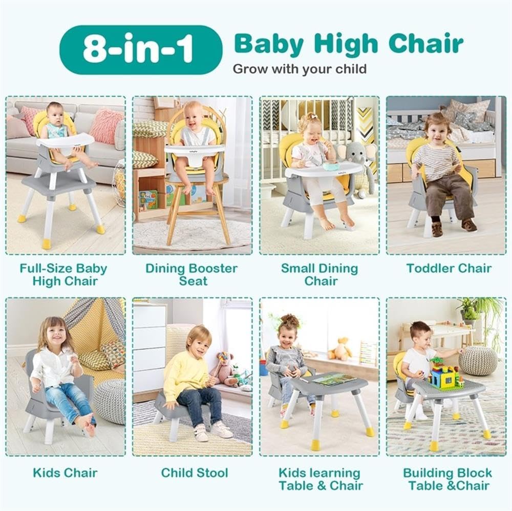 Pemberly Row 8-in-1 Baby High Chair, Convertible Booster Seat with Adjustable Tray, Yellow Finish, BPA-Free Materials, Padded Seat, Stable Pyramid Frame, Toddler Chair Dining Table for Ages 6-36