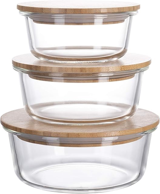 Homiu Glass Food Storage Container with Bamboo Lid Impact Resistant Airtight Leak-Proof Oven and Freezer Safe 3 Pack Square or Round Design (Round Set)