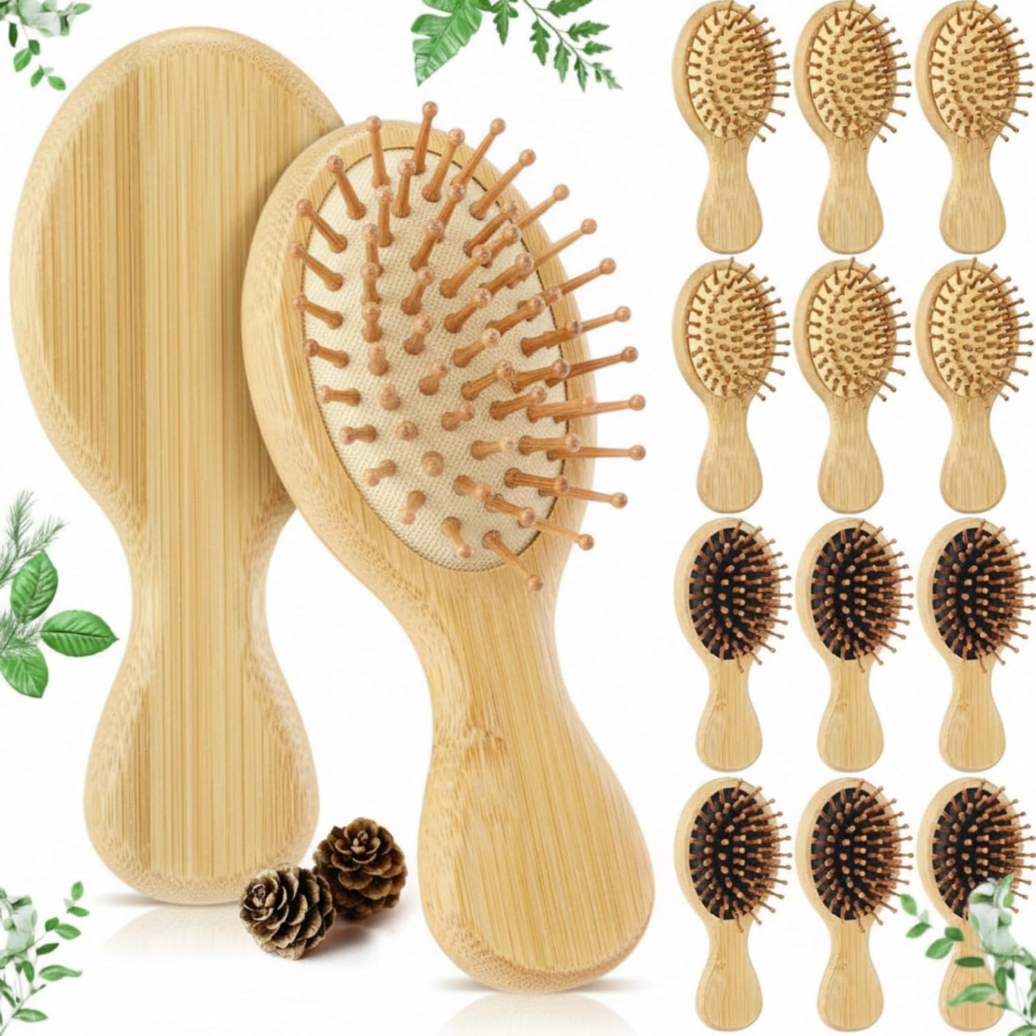 12 Pack Mini Bamboo Hair Brush Bulk Wooden Paddle Brush Travel Small Pocket Hairbrush Scalp Massage Combs for Women Men Gifts Bulk Bridesmaid Party Favors (Oval)