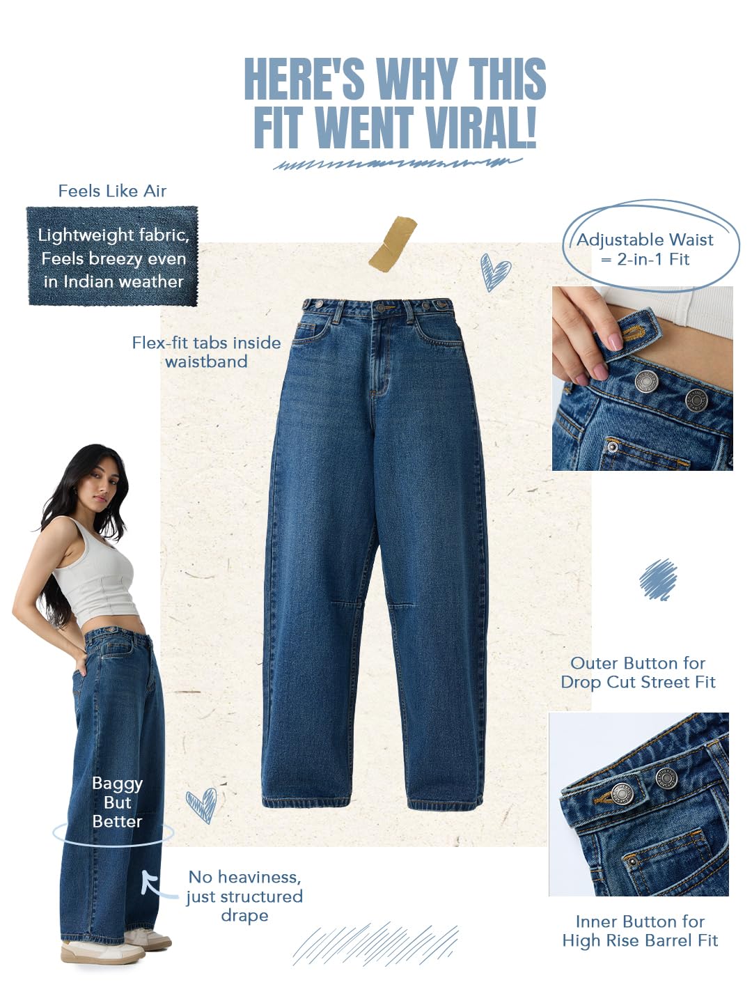 The Souled Store: Jeans con vestibilità a barretta: vita con cerniera e vita in cotone lavato, vestibilità a barilotto, leggero, regolabile, per l'uso quotidiano