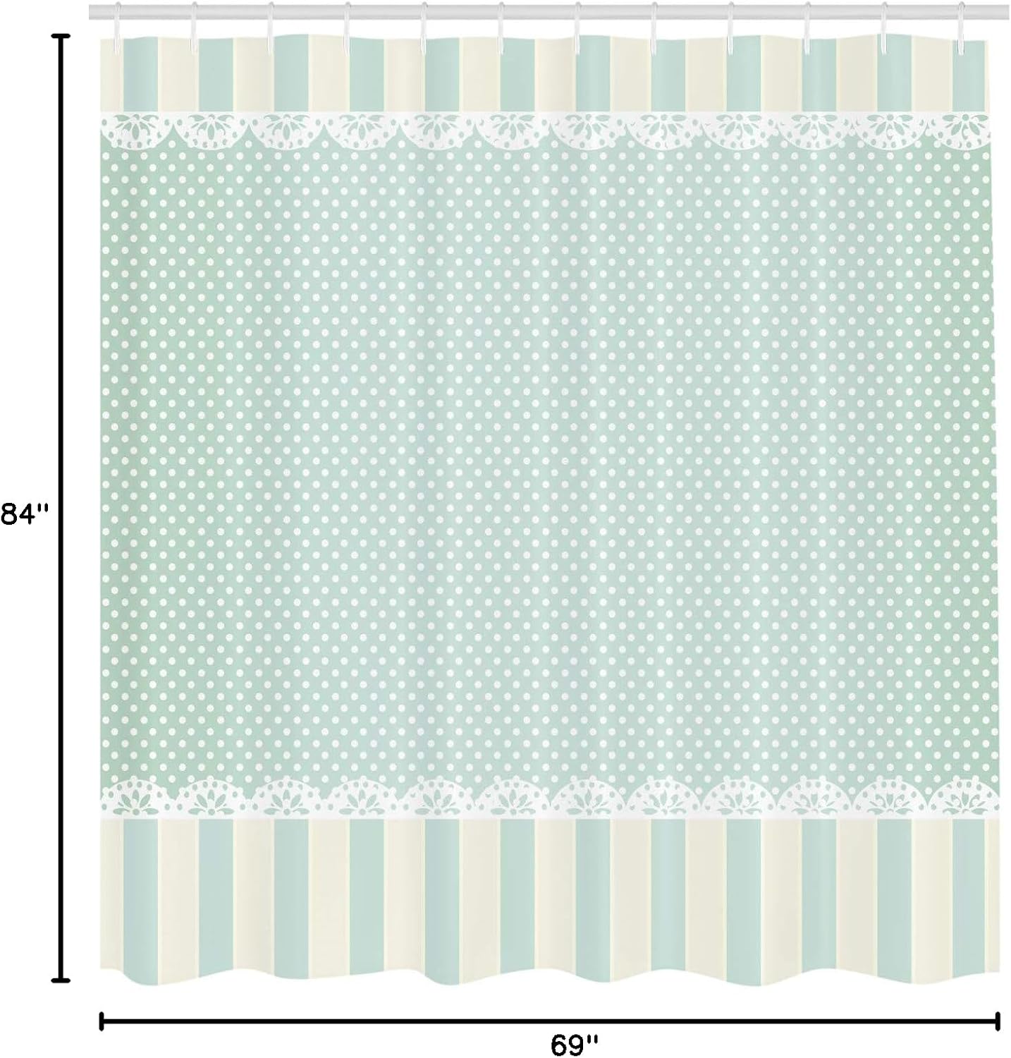 Ambesonne Shabby Flora Shower Curtain, Traditional Old Fashioned Vertical Stripes Ornaments and Dots, Cloth Fabric Bathroom Decor Set with Hooks, 69" W x 84" L, Almond Green Cream White