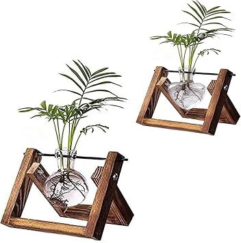 Kingbuy Glass Plant Terrarium with Solid Wooden Stand, Bulb Glass Vase Metal Swivel Holder Retro Tabletop for Hydroponics Plants Home Garden Office Wedding Decoration - Bulb and Heart Vase
