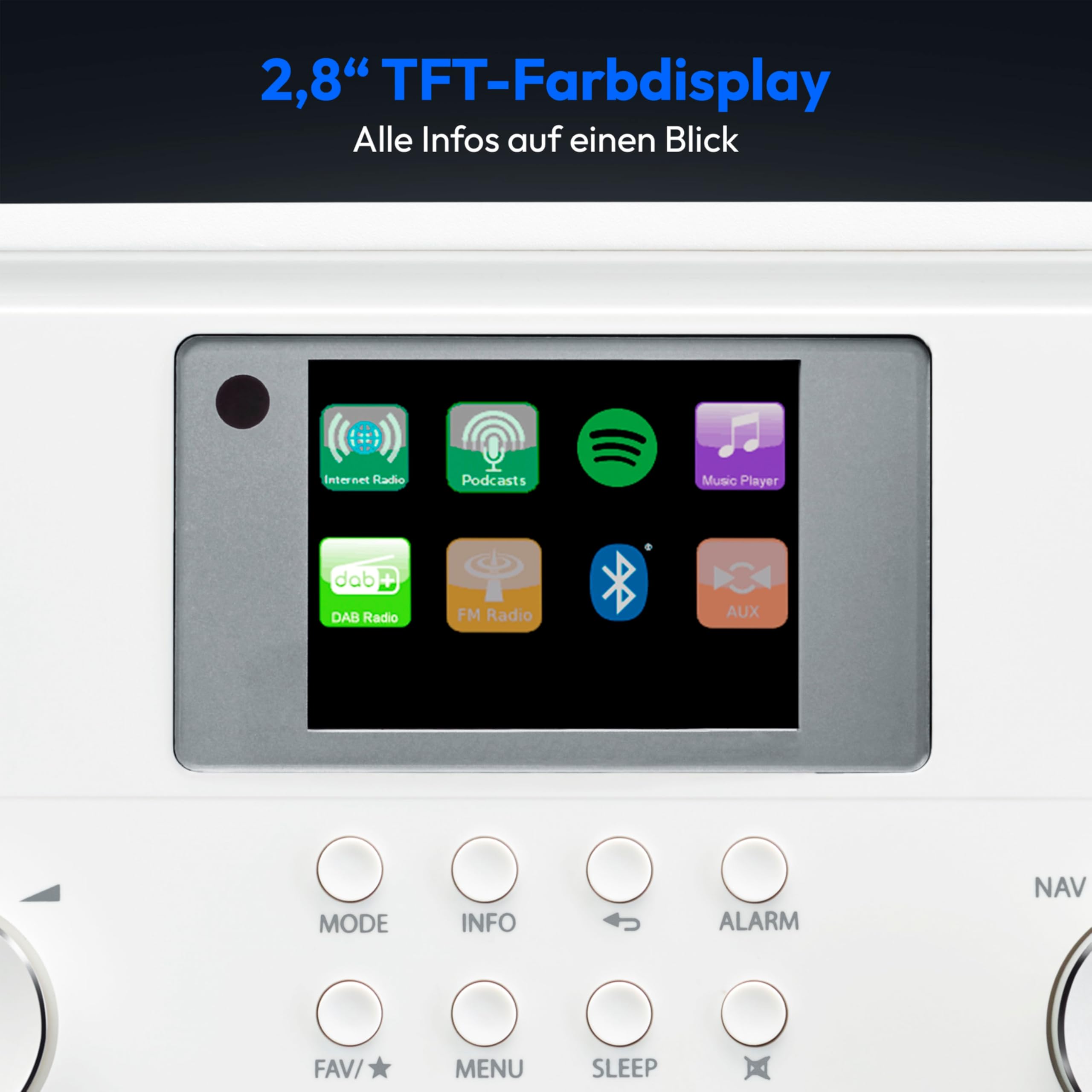 MEDION P85027 Internetradio (DAB Plus, UKW Radio, Spotify Connect, WLAN, Bluetooth, Streaming, Equalizer, Farbdisplay, USB, AUX, Wecker, Schlummerfunktion, Sleep Timer) weiß