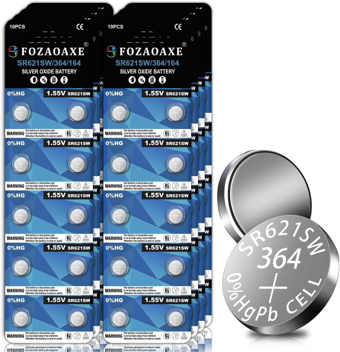 AG1 SR621SW Watch Battery 20 Pack, 364 Watch Batteries, Long-Lasting & Leak-Proof LR621 164 SR60 Silver Oxide Button Coin Cell Battery
