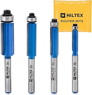 HILTEX 10102H Top Bearing Flush Trim Router Bit Set, 4 Pieces, 1/4 Inch Shank, CNC Woodworking Tool, 1/4" 5/16" 3/8" 1/12" Cutting Diameter for Copying Templates and Patterns, Overhang Trim