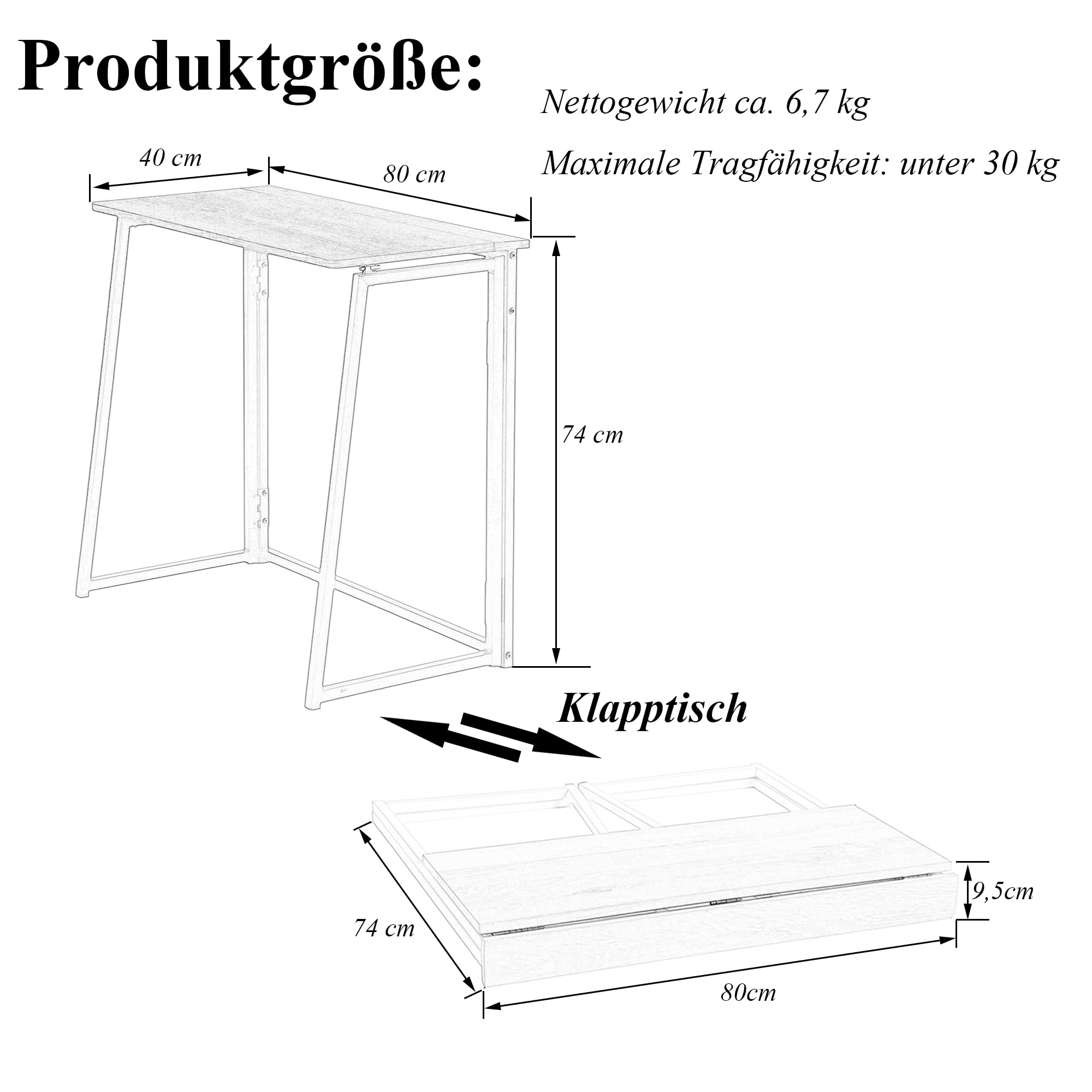 1 Pezzo Scrivania Pieghevole Piccola da 80CM di Larghezza, Tavolo Tavolino Pieghevole Scrivania a Scomparsa Piccolo per Ufficio/Studio/Camera da Letto/Soggiorno(Rovere&Bianco)