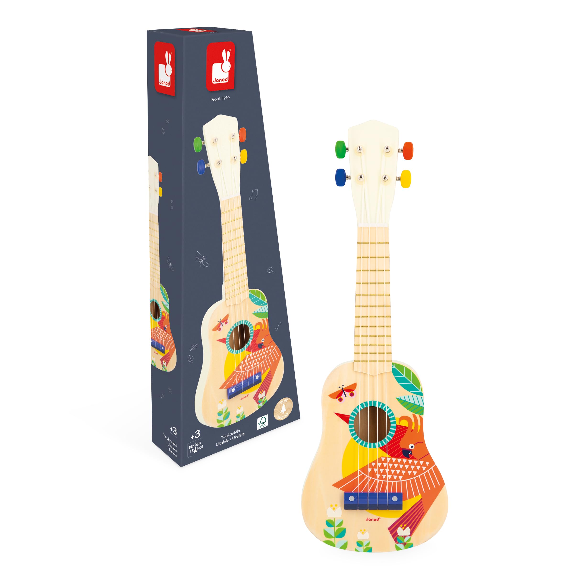 Janod - Ukelele de Madera Gioia - Instrumento Musical Infantil - Juguete de Imitación y Estímulo Musical - Pintura al Agua - A Partir de 3 Años, J07652