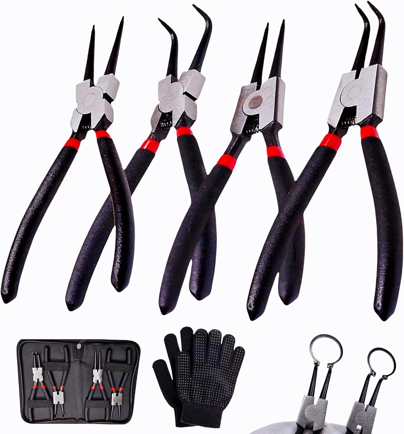 4-Piece Snap Ring Pliers Set - 7" Internal/External Circlip Pliers, Heavy Duty Steel with Spring Loaded Automotive Mechanic Repair