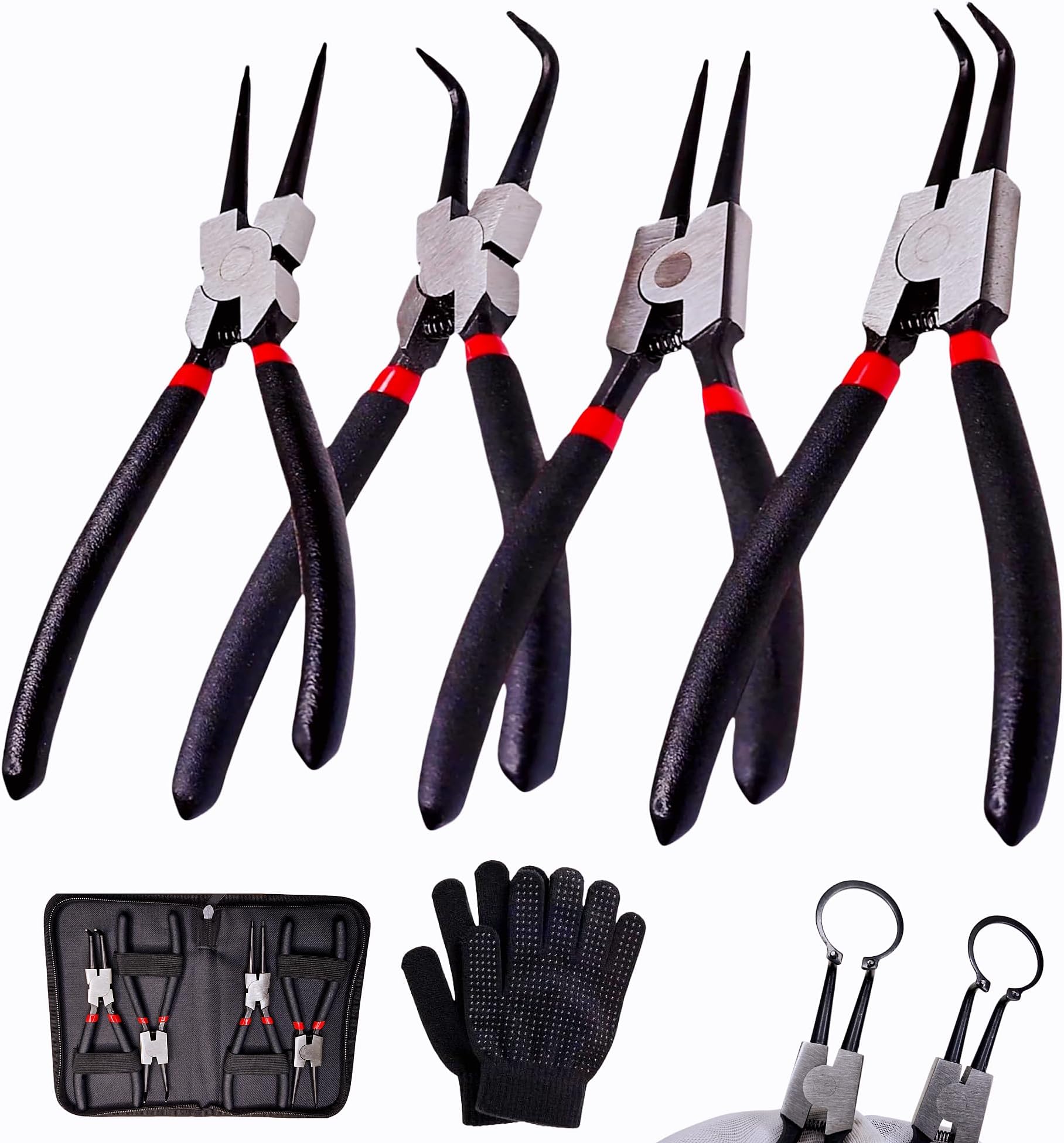 4-Piece Snap Ring Pliers Set - 7" Internal/External Circlip Pliers, Heavy Duty Steel with Spring Loaded Automotive Mechanic Repair