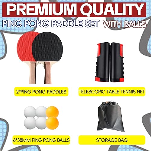 Miniatura 7 de Ping Pong Paddles Set, Portable Table Tennis Paddles Set with Retractable Tennis Net, 2 Rackets, 6 Balls and Carry Bag for IndoorOutdoor Games
