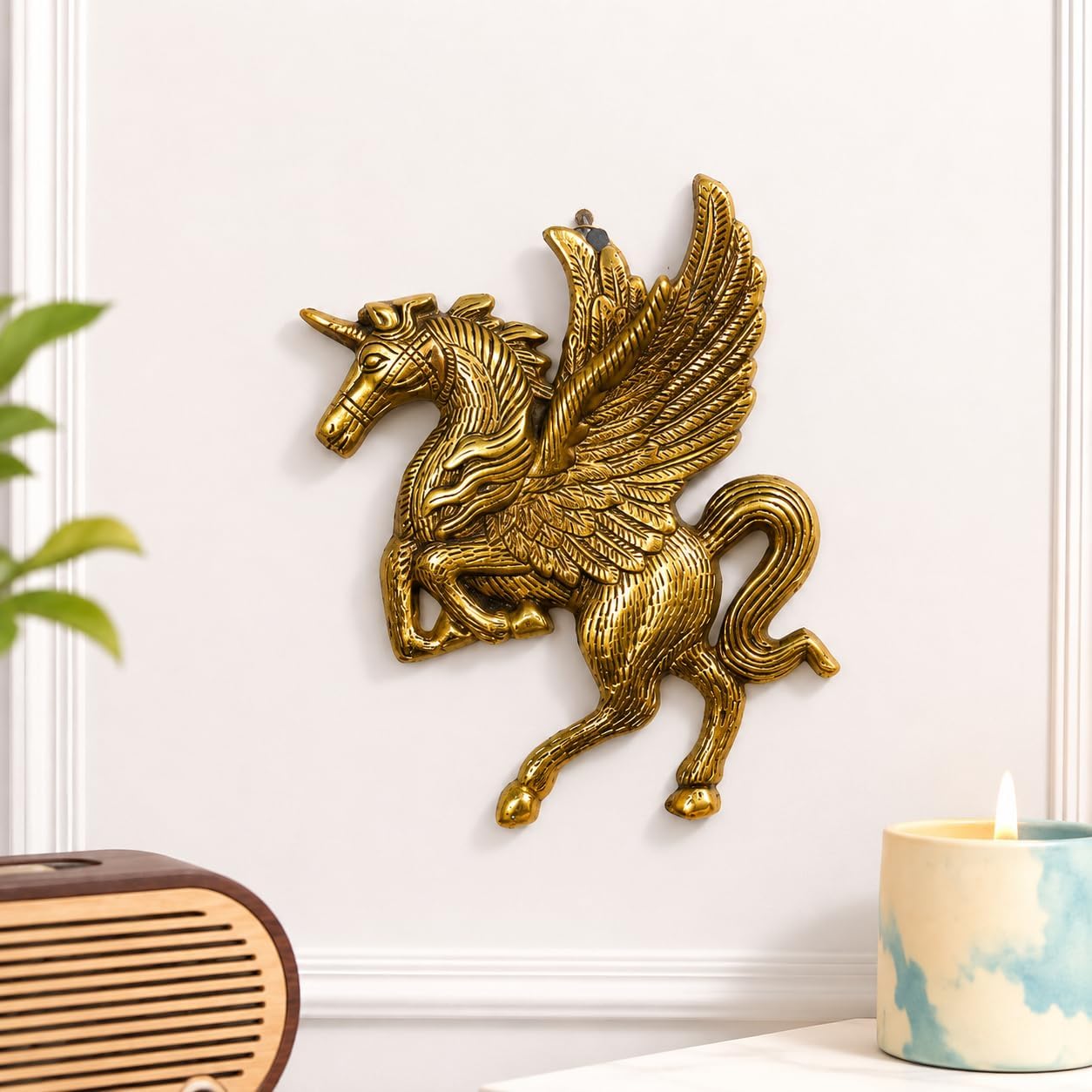 Metal Golden Flying Horse Wall Hanging Decor for Home & Office | Metal Finish Pegasus Wall Art Showpiece for Living Room, Entrance, Bedroom, Gift & Vastu Decor