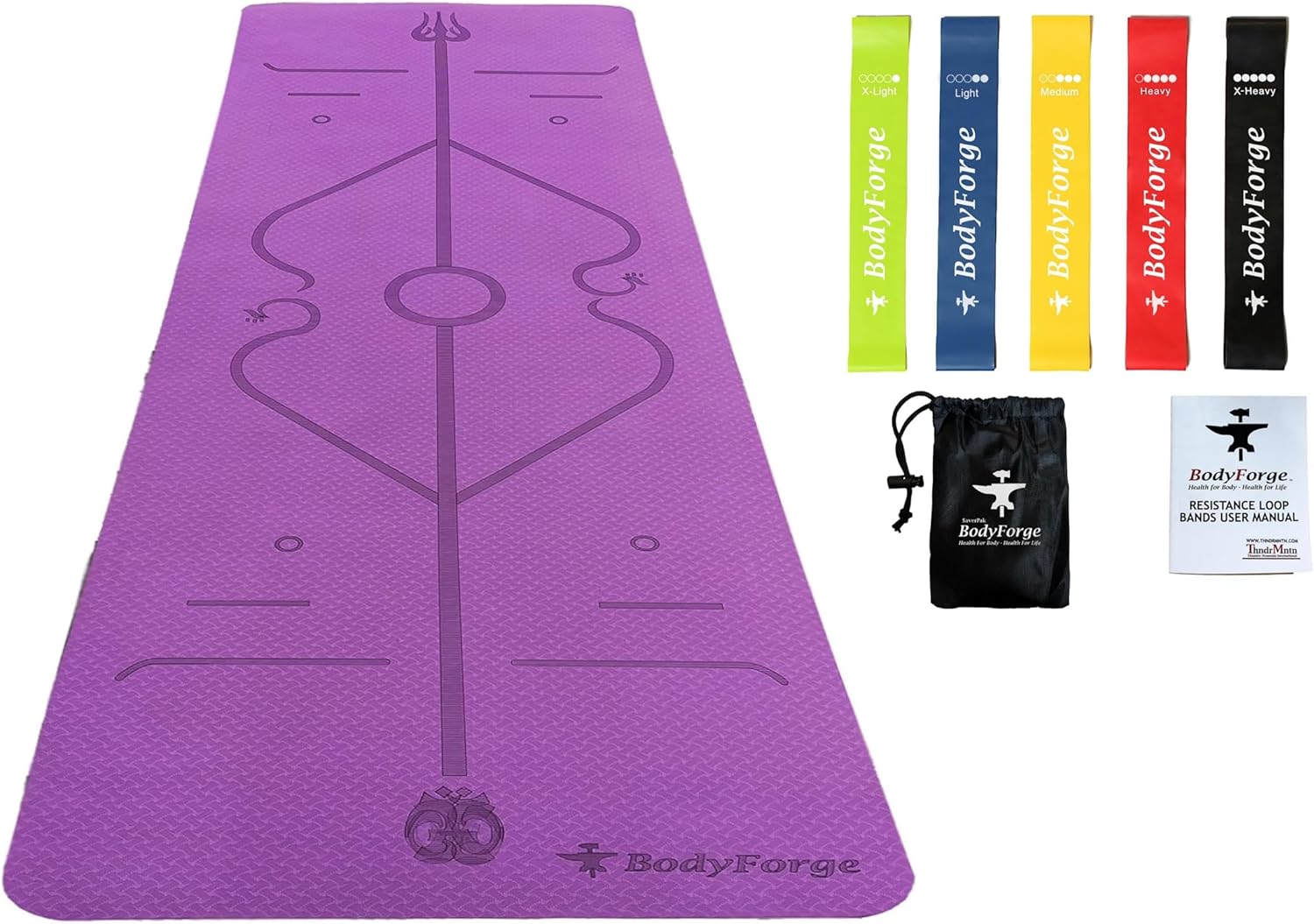 Bodyforge Yoga Mat spessore per esercizi Tappetino spessore antiscivolo Extra spesso ad alta densità Pilates e fasce per esercizi di resistenza con guida alle istruzioni e borsa per il trasporto, set di 5 fasci
