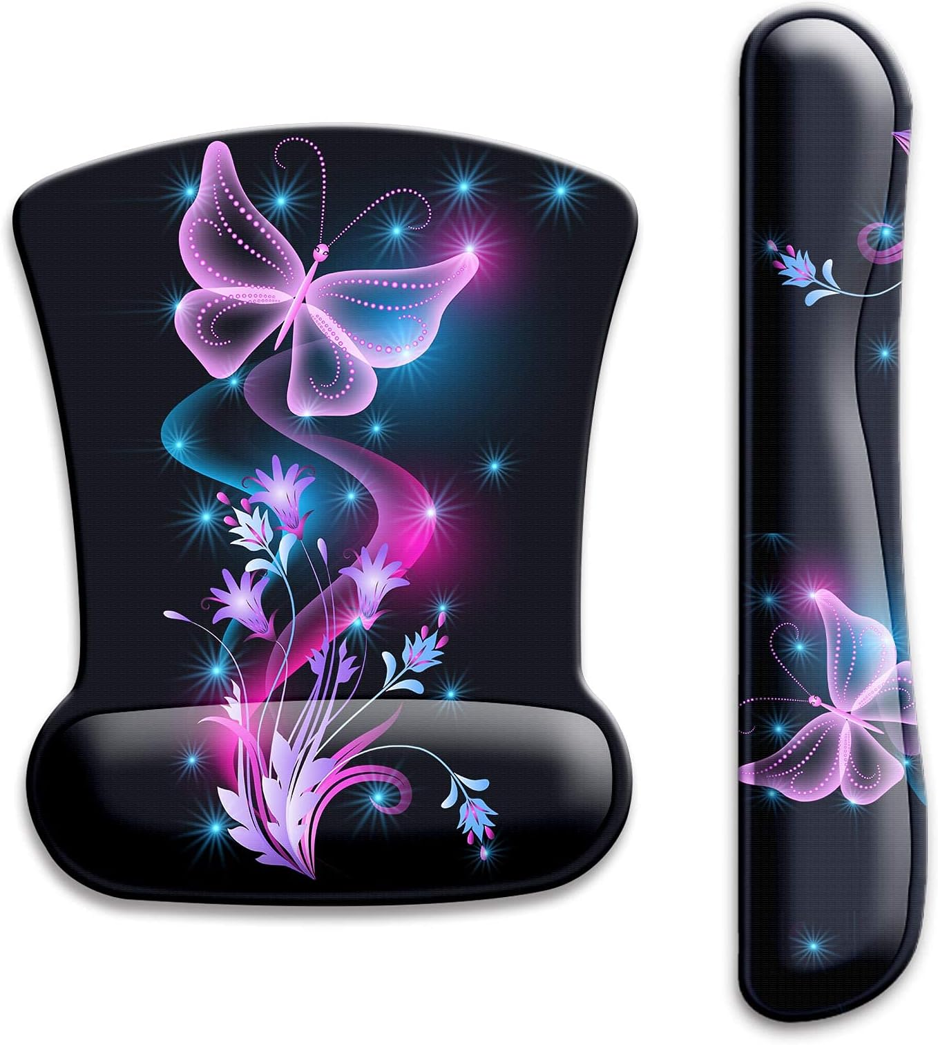 Keyboard Wrist Rest Pad and Ergonomic Mouse Pad with Wrist Support Gel Set, Non-Slip Rubber Base, Cute Mouse Pad for Easy Typing & Pain Relief, for Gaming, Computer, Office -Purple Butterfly …