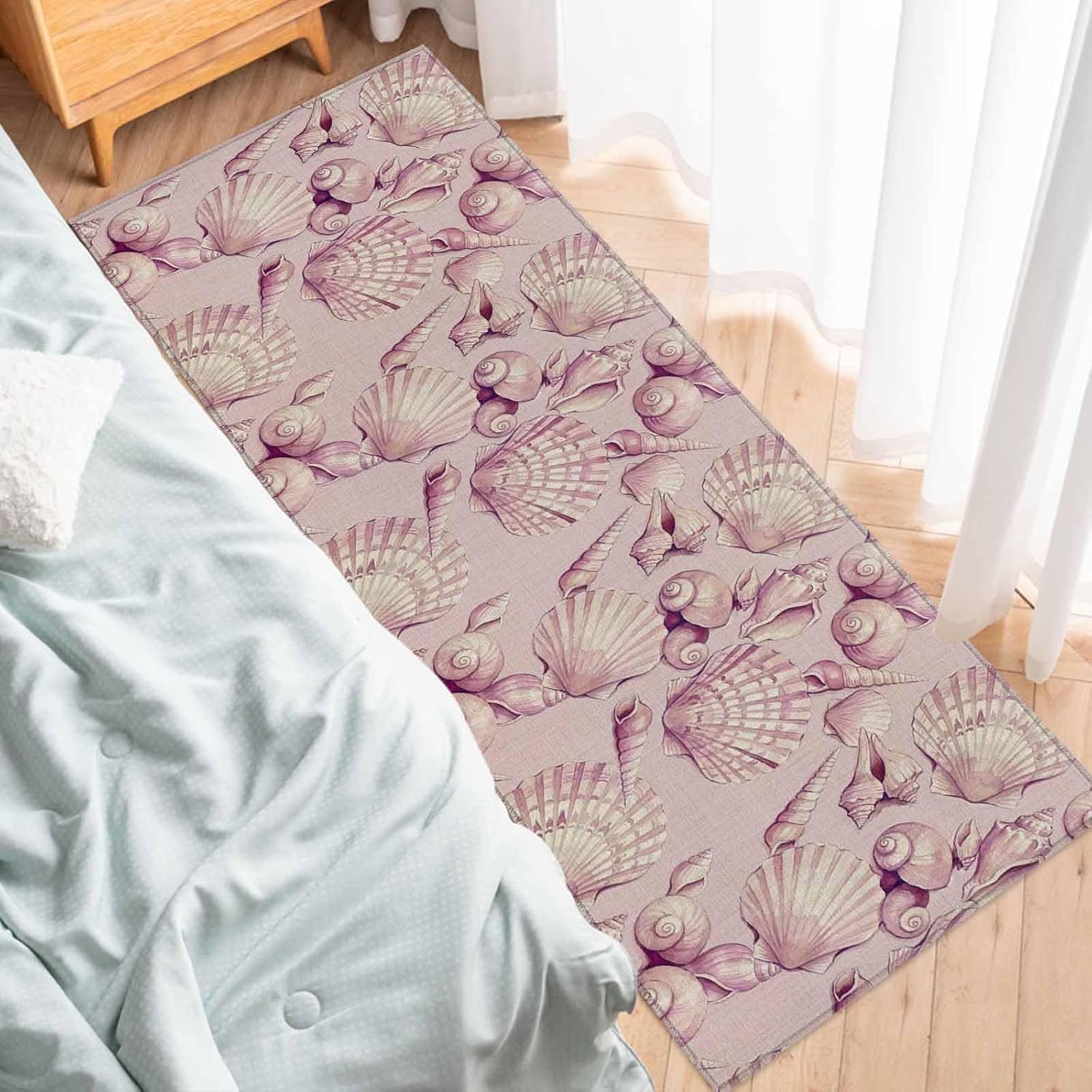 Kitchen Mats for Floor Summer Ocean Conch Shell Washable Non Slip Kitchen Rugs 1PCS, Pink Marine Creature Linen Texture Absorbent Standing Mats for Sink Bathroom Office Living Room 15.7x47.2in