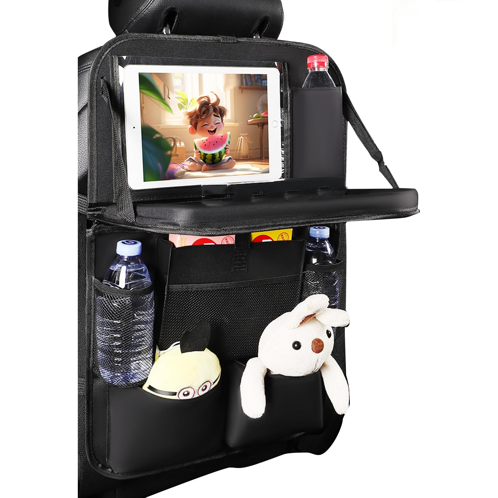 SciFiVisi Auto Organizer, 1 Stück Kinder Auto Aufbewahrungstasche mit Faltbar Tisch, mit 11 Sack, Rücksitz Organizer mit Tablet/Telefon Aufbewahrung (Abnehmbar Schwarz 1 Stück)