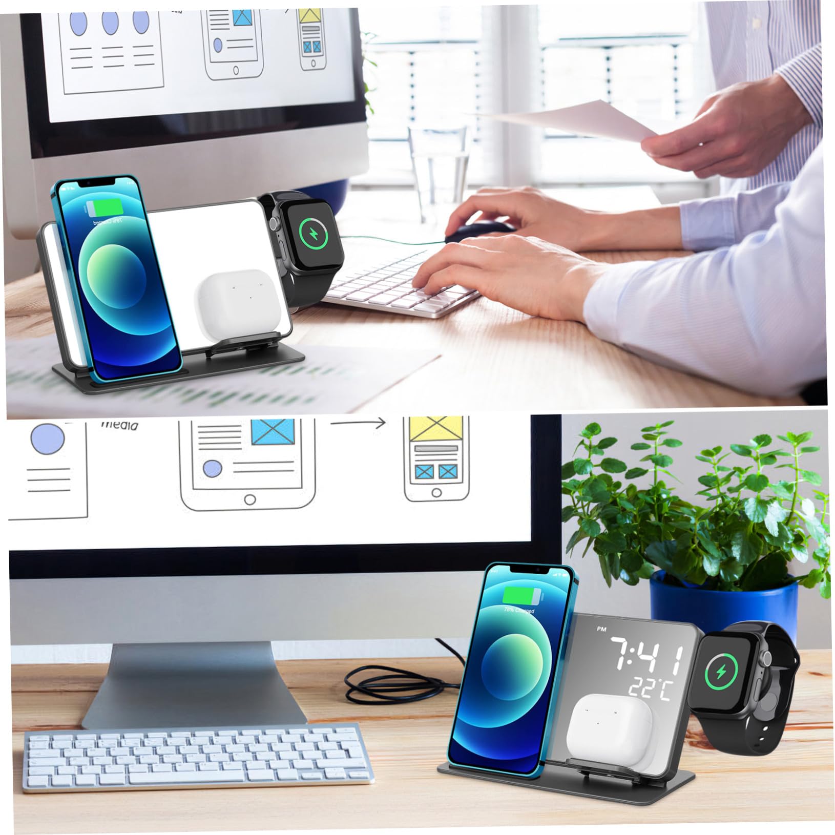 Station de Charge sans Fil avec Réveil LED et Thermomètre Support Rapide Compatible Smartwatch et Écouteurs Chargeur Induction Multifonction pour Bureau et Chambre