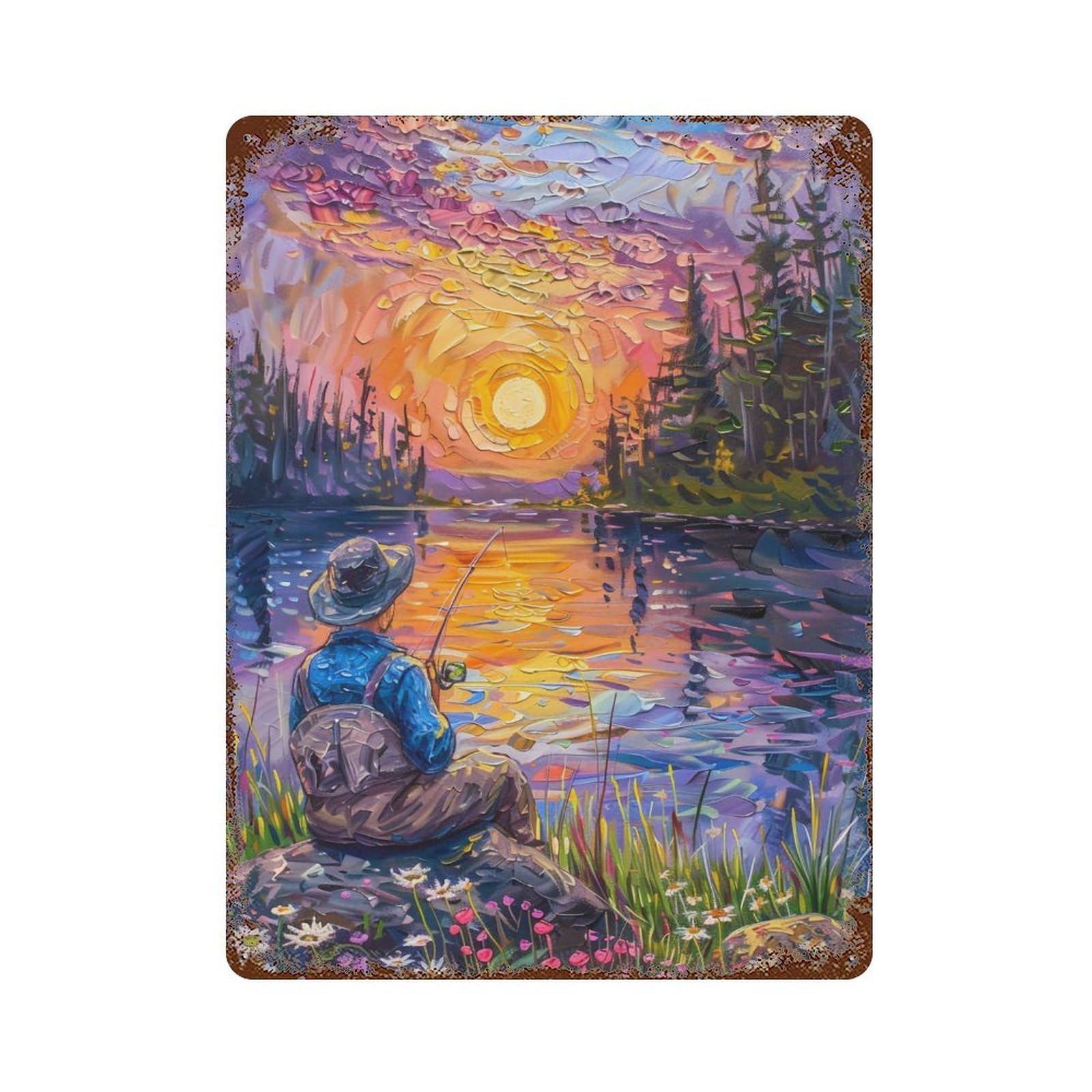 HDURYEYRYY Lakeside Fisherman Sunset Impasto 01 Wall Retro Iron Vintage Art Metal Tin Sign Poster Modern Home Cofffee Club Art Bar Shop Decor 40x30cm