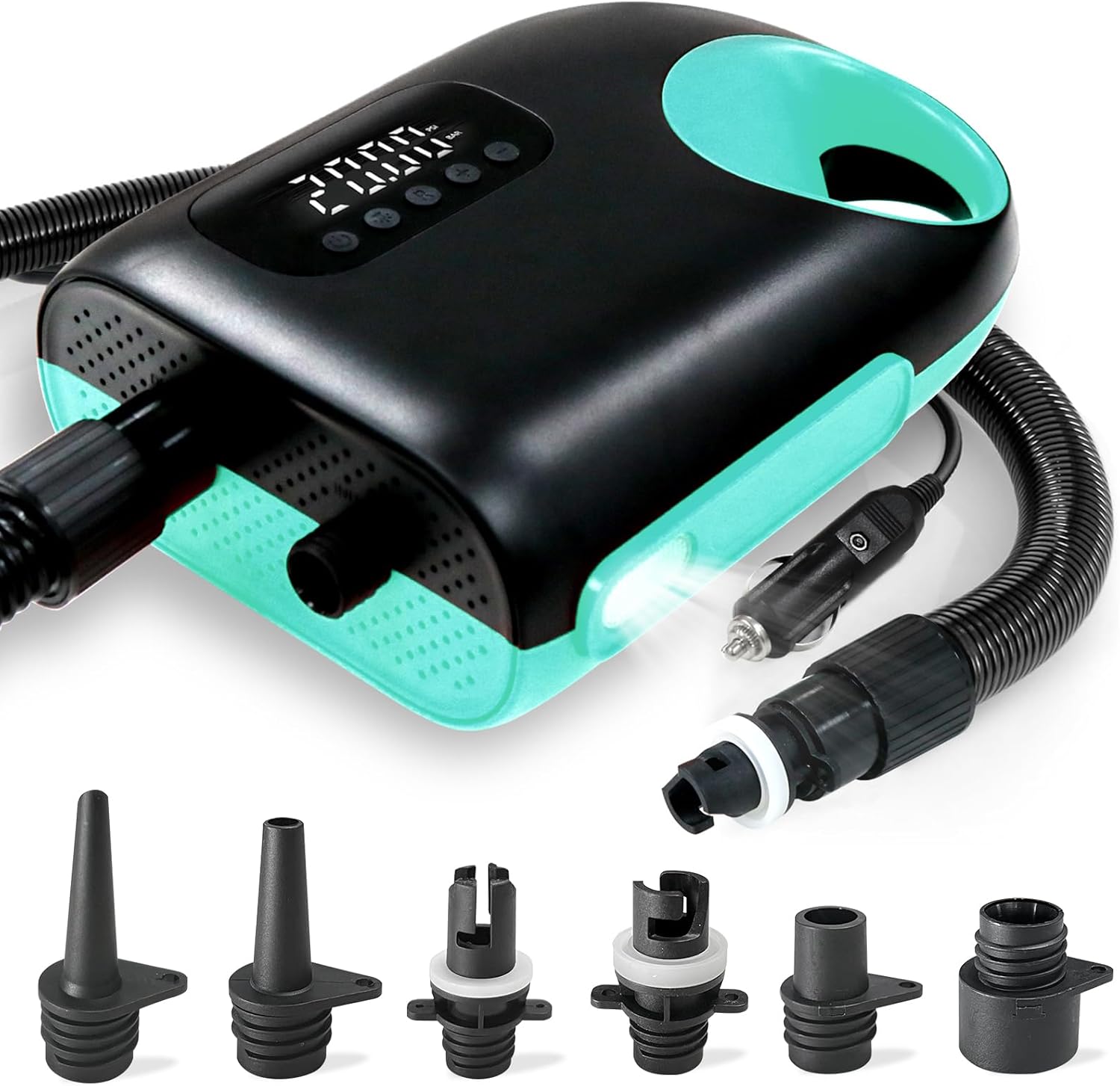 20PSI Paddle Board Pump-Portable Electric SUP Air Pump, Dual Stage Inflation & Deflation SUP Pump, 110W Paddleboard Pump with Auto-Off Function & 12V DC Car Connector for Paddle Board, Kayaks turquoise