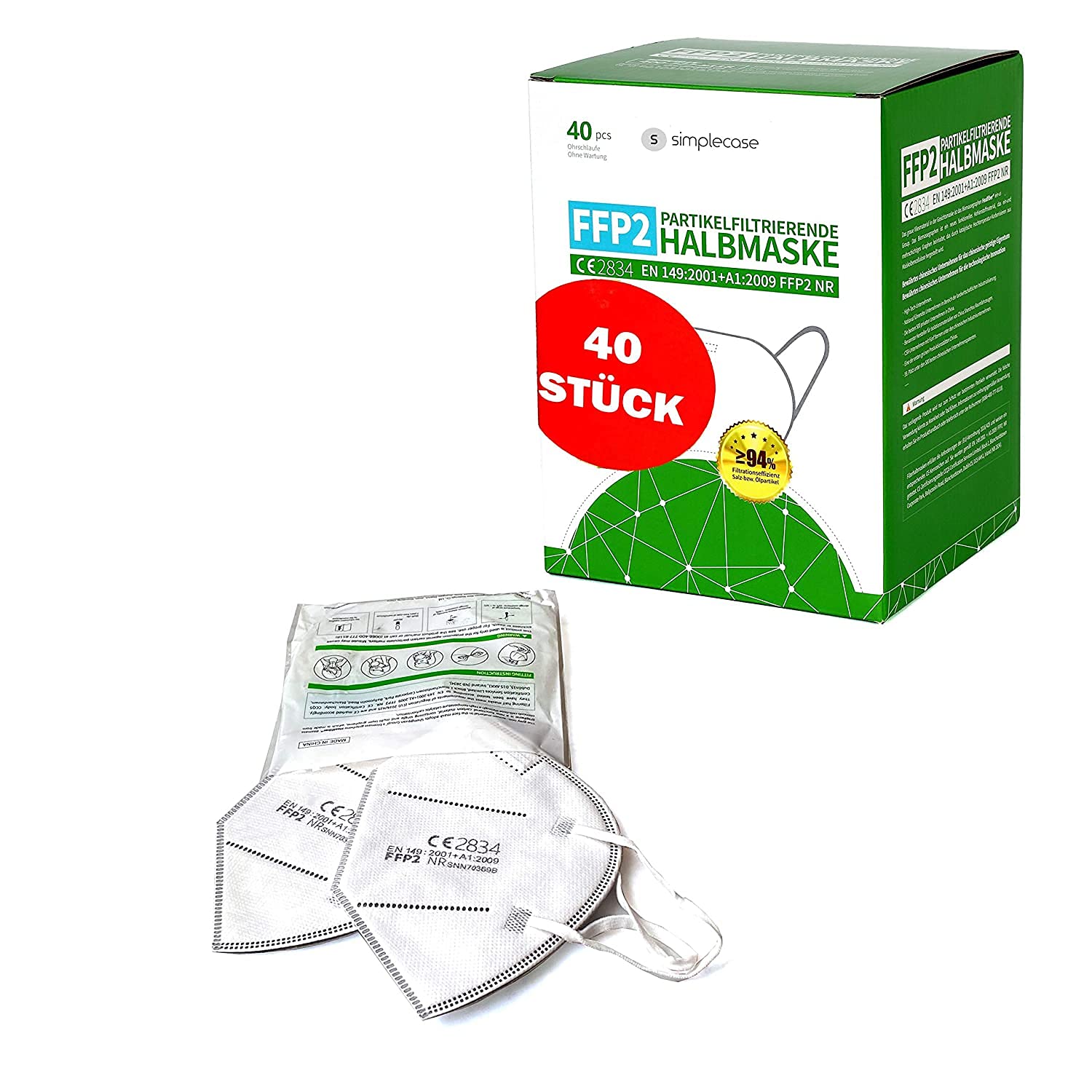 Simplecase - 120 mascarillas FFP2 certificadas por el organismo designado oficialmente 0598, respirador, máscara de filtro de partículas
