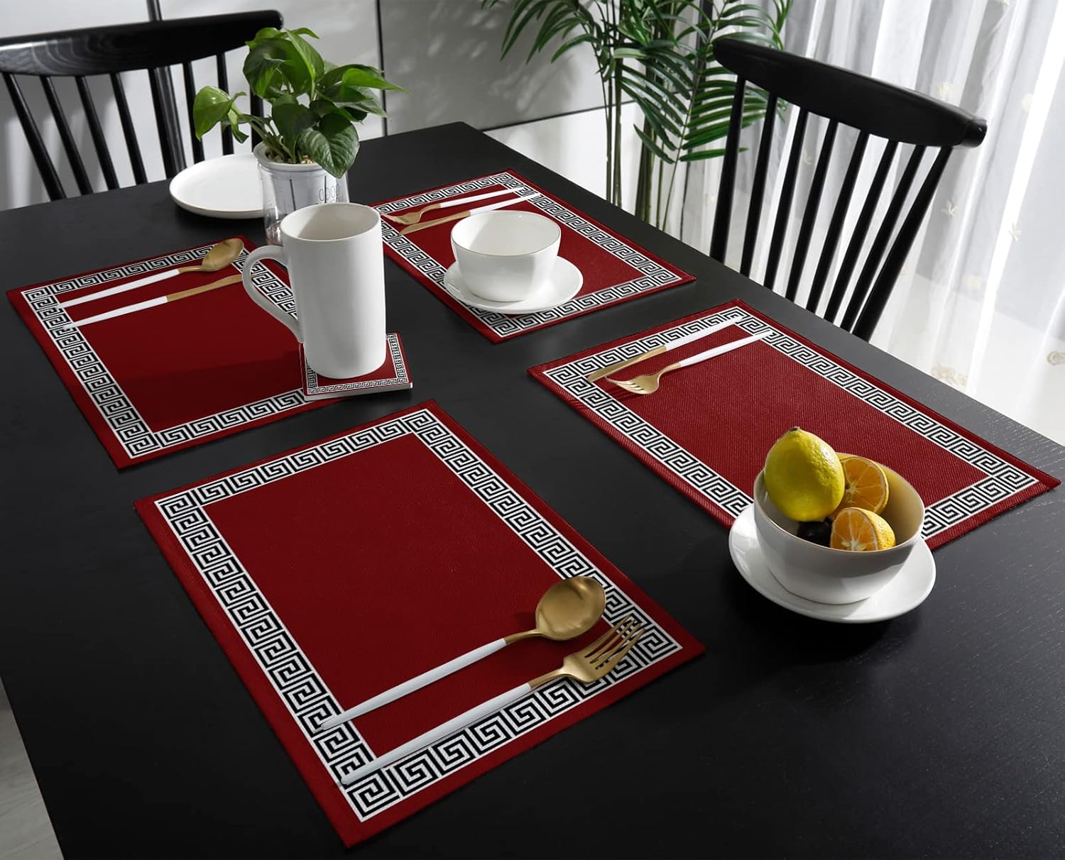 Wine Red Black Placemats for Dining Table Set of 4, Cotton Linen Cloth for Square/Rectangle/Round Table Mat Placemat, Traditional Chinese Geometric Tile Pattern Kitchen Dinner Holiday Dﾃｩcor