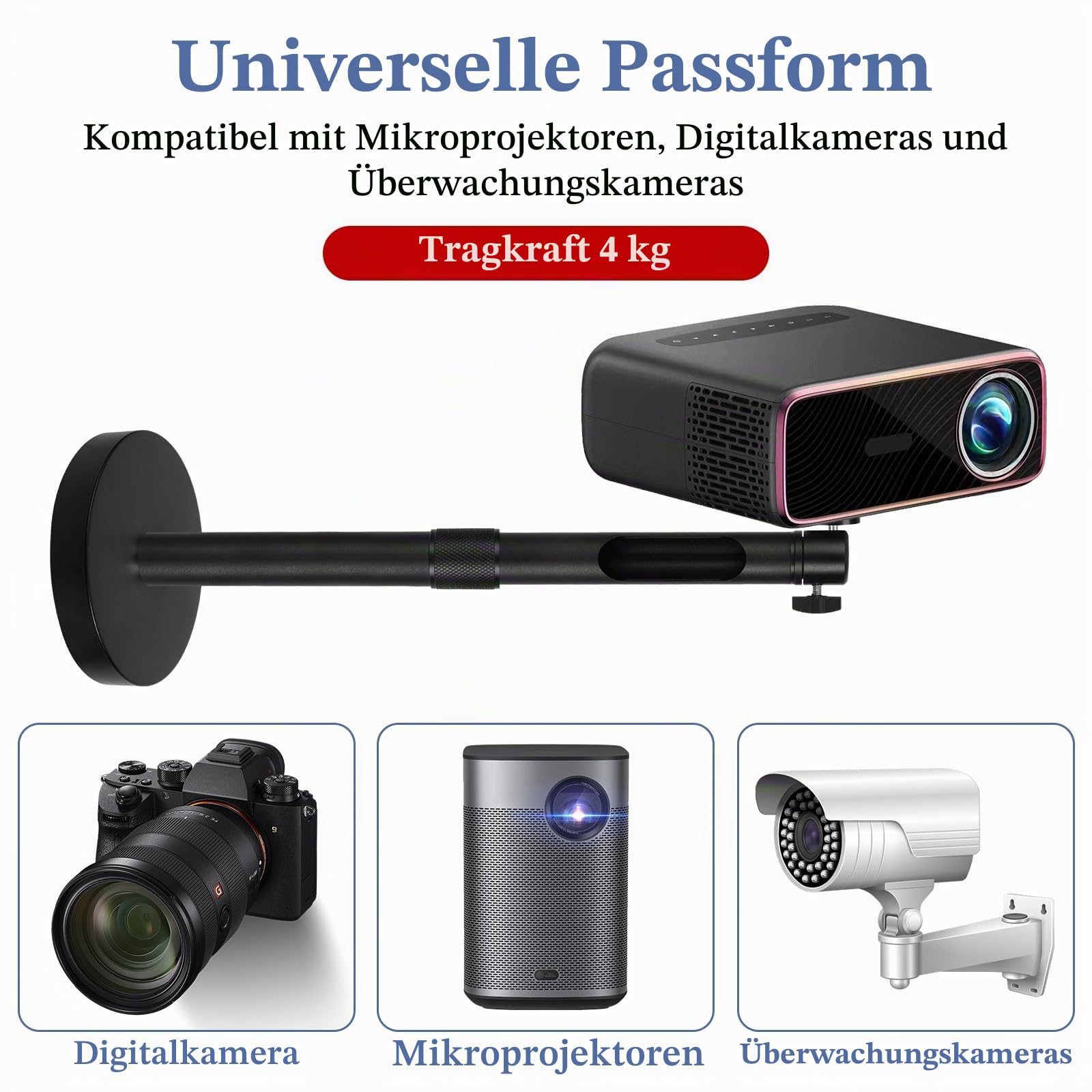 Dadabig Universal Deckenhalterung für Beamer Projektor-Wandhalterung Aluminiumlegierung 360° Schwenkbar bis 4Kg Deckenabstand 20-40cm Schwarze mit 5X Gewinde Universal Adapter