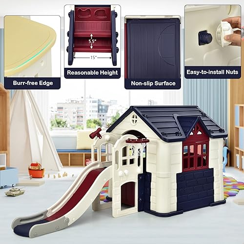 Miniatura 5 de Costzon Juego de casa de juegos y tobogán para niños, casa de juegos 7-1 al aire libre con puertas de trabajo, ventanas, mesa de picnic, juego de